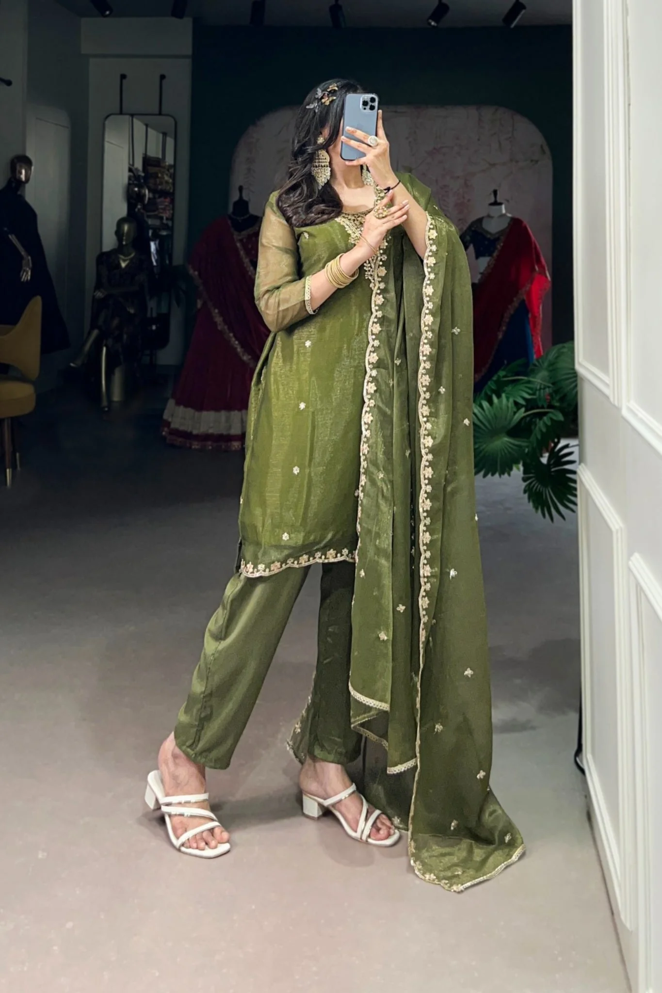 Olive Green Gold Coin Sequins Tread Embroidery Work Ethnic Dress - Image 3