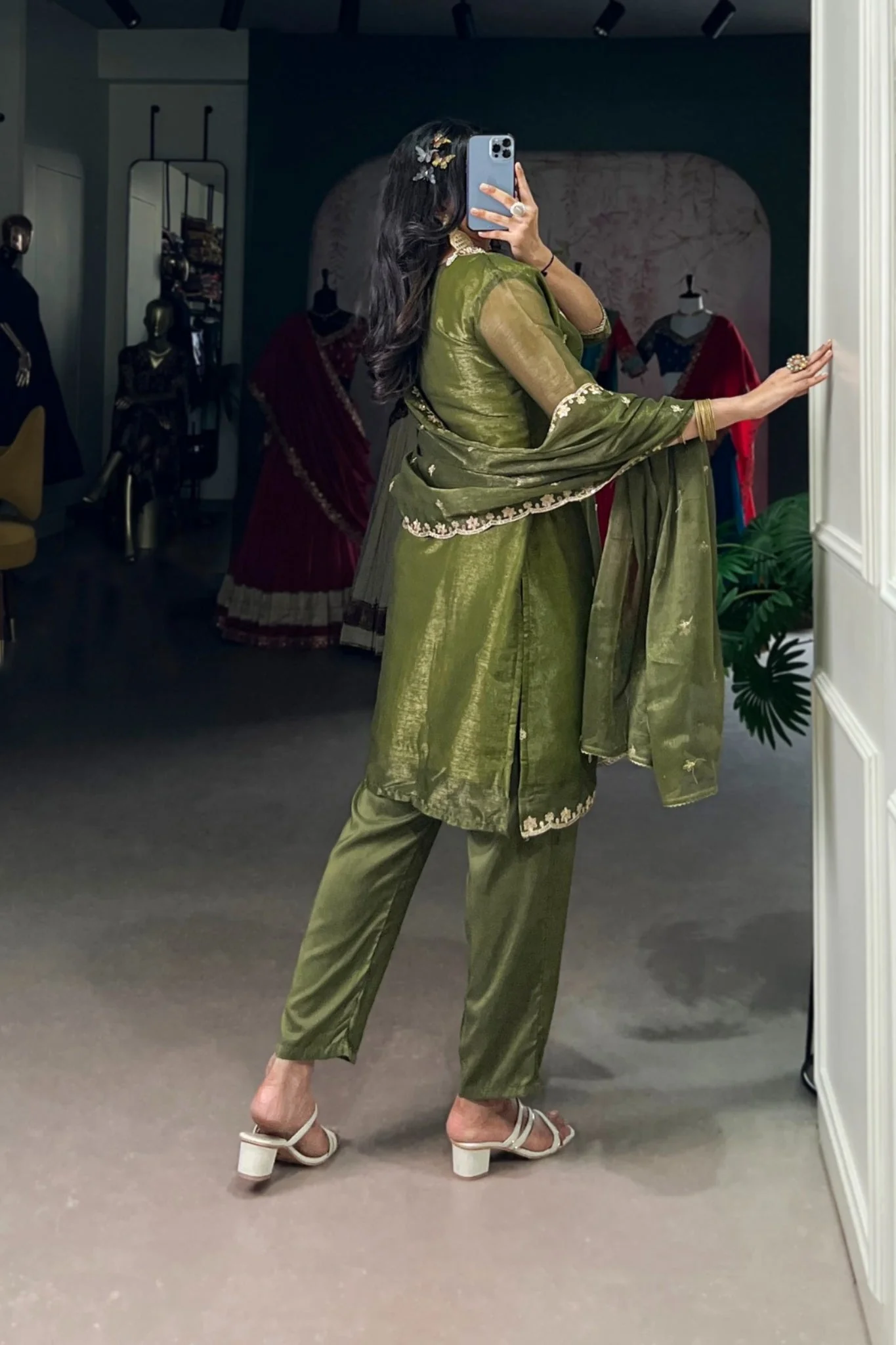 Olive Green Gold Coin Sequins Tread Embroidery Work Ethnic Dress - Image 4