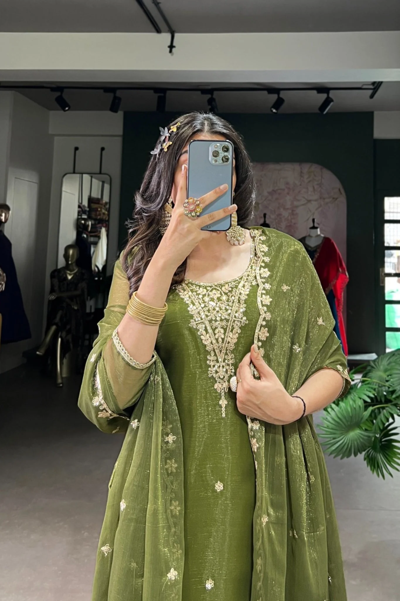 Olive Green Gold Coin Sequins Tread Embroidery Work Ethnic Dress - Image 5