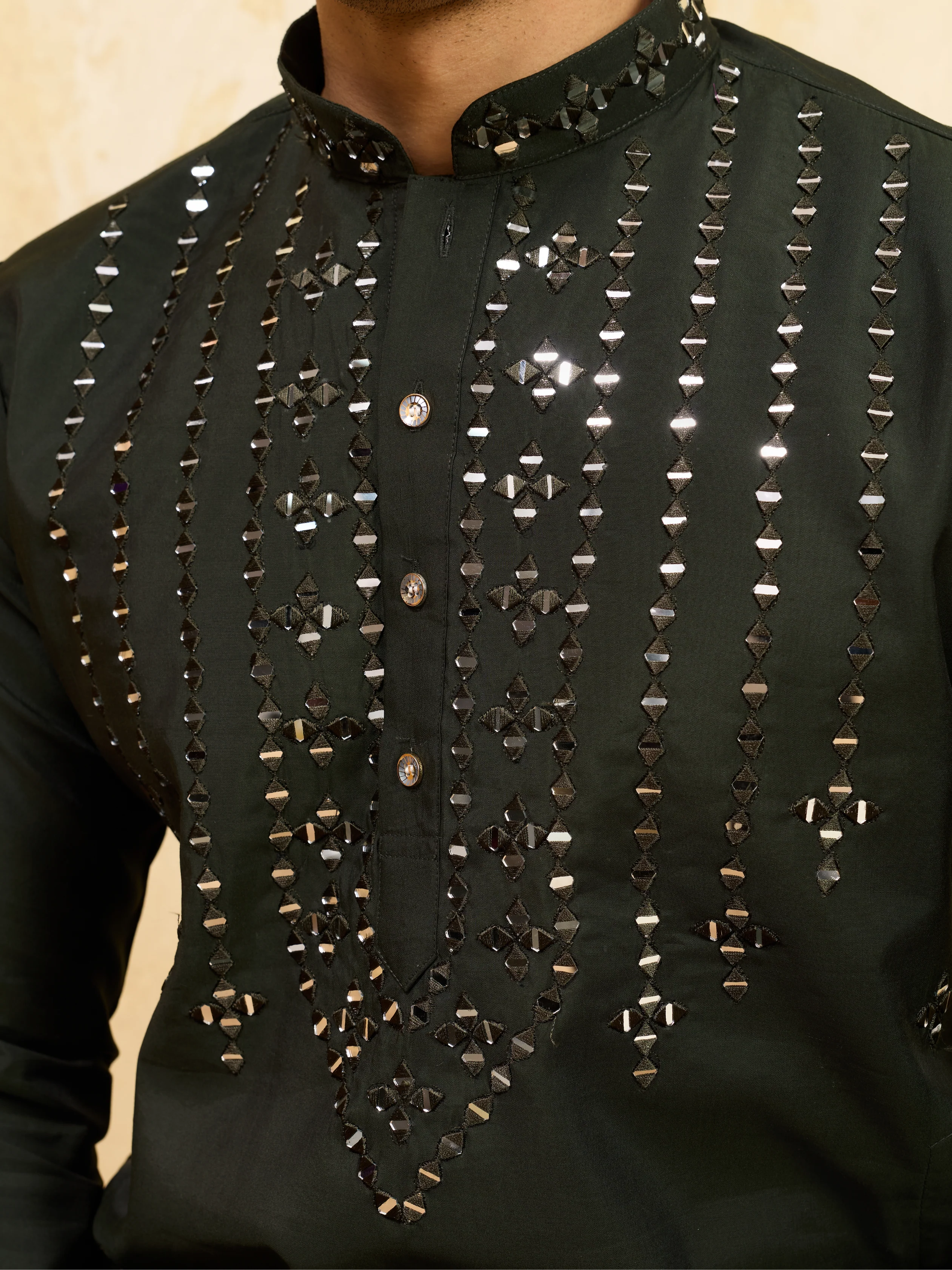 Olive Green Mirror Embroidered Kurta with Pant for Special Occasions - Image 3