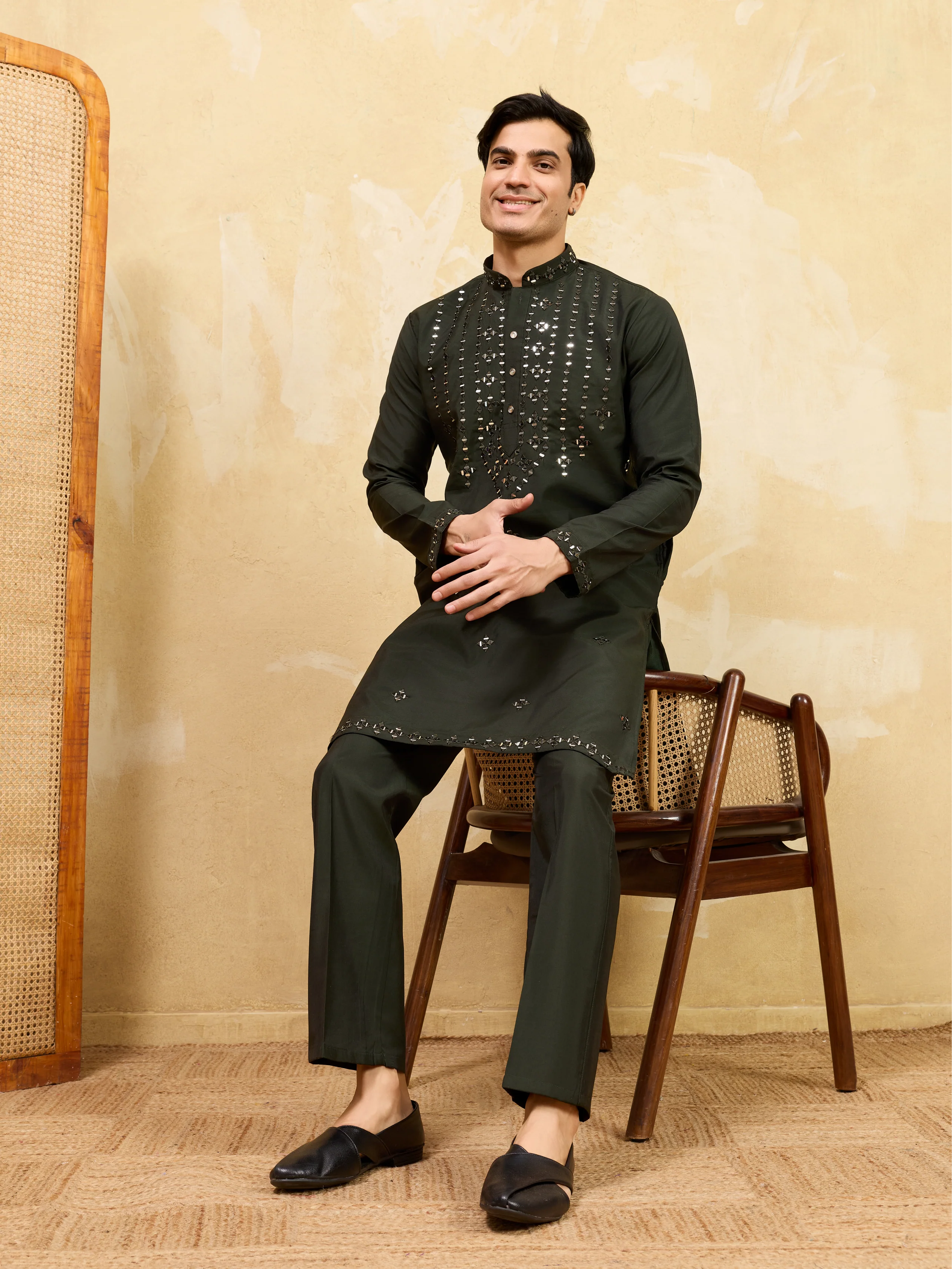 Olive Green Mirror Embroidered Kurta with Pant for Special Occasions - Image 5