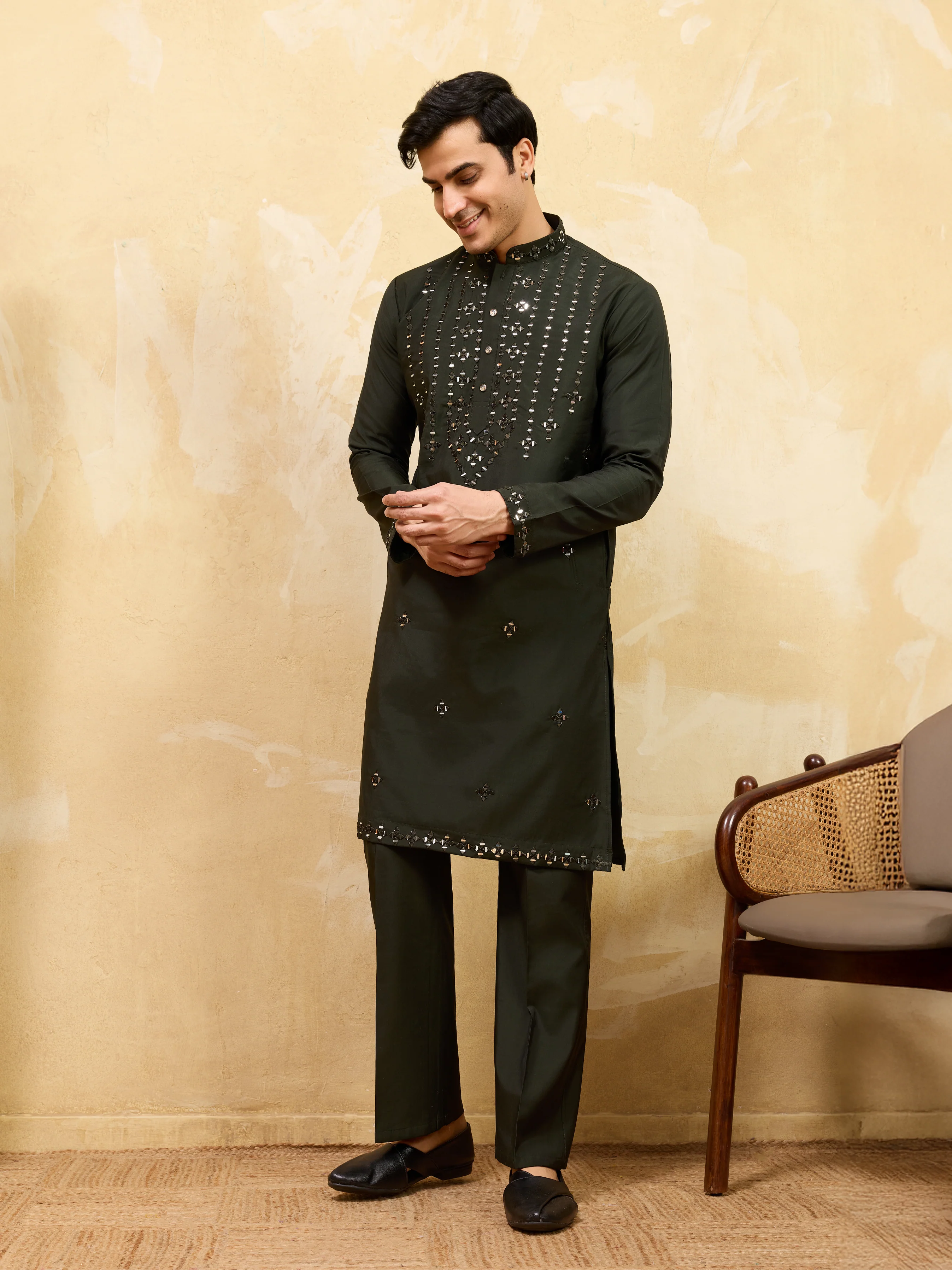 Olive Green Mirror Embroidered Kurta with Pant for Special Occasions - Image 6
