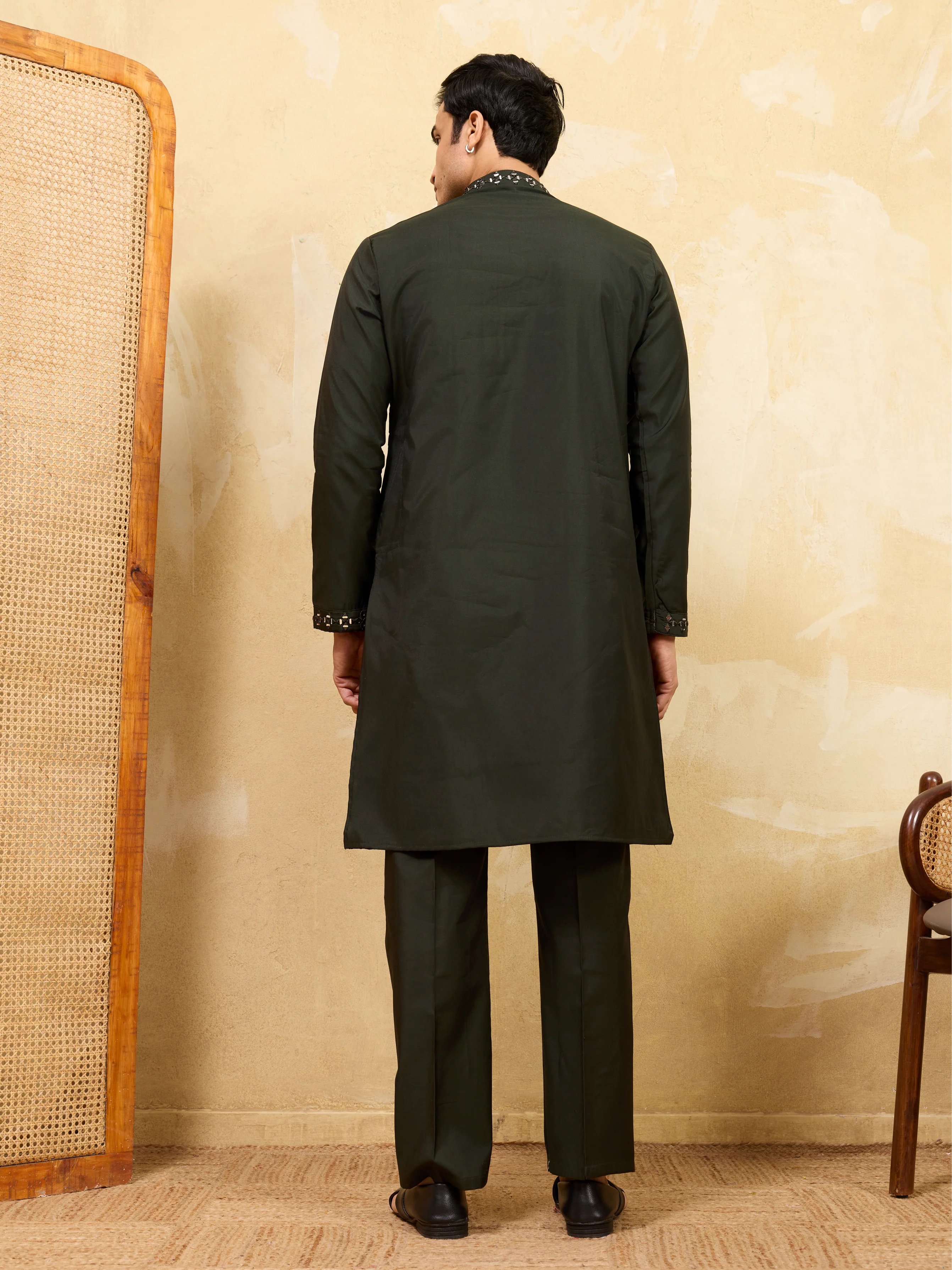 Olive Green Mirror Embroidered Kurta with Pant for Special Occasions - Image 7
