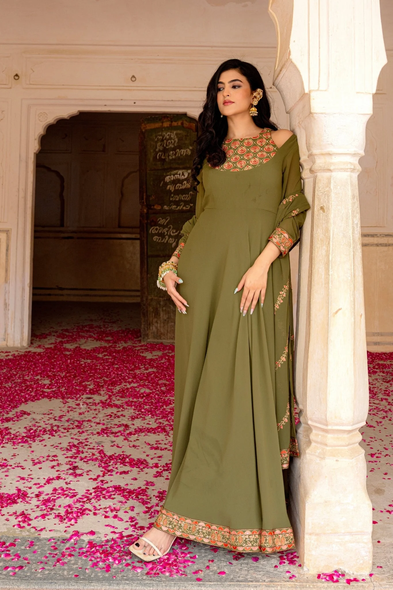 Olive Royale Embroidered Georgette Anarkali Set - Image 2
