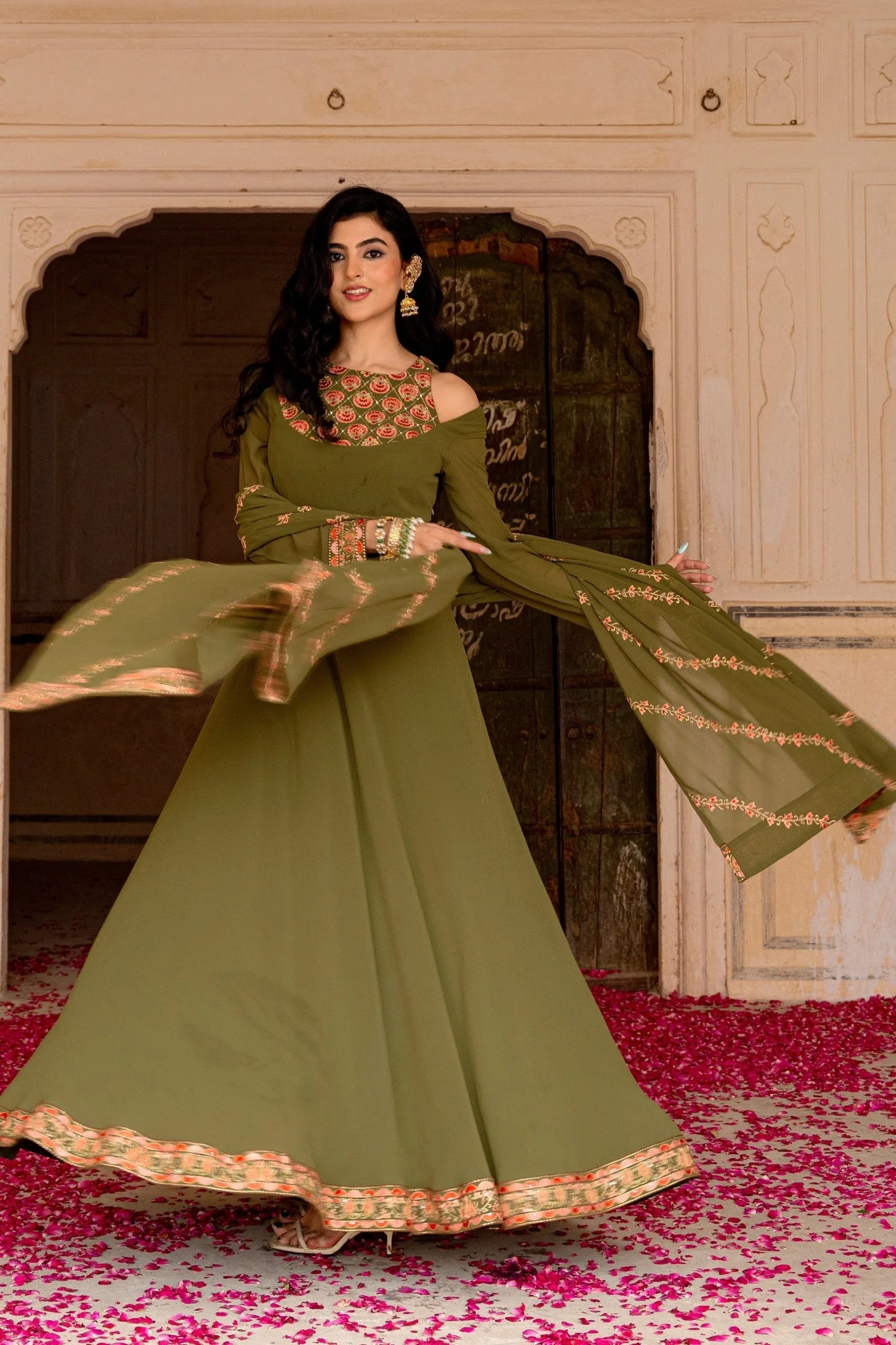 Olive Royale Embroidered Georgette Anarkali Set - Image 3