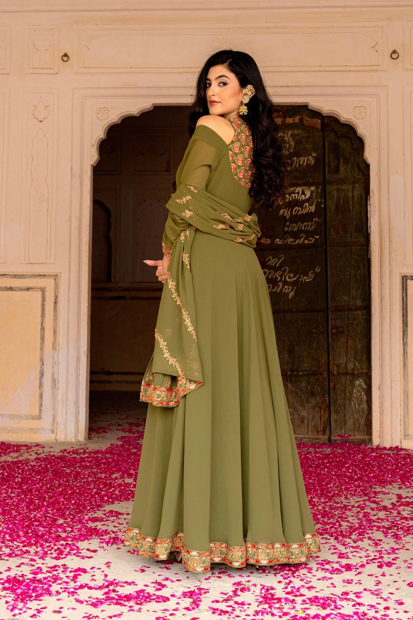 Olive Royale Embroidered Georgette Anarkali Set - Image 4