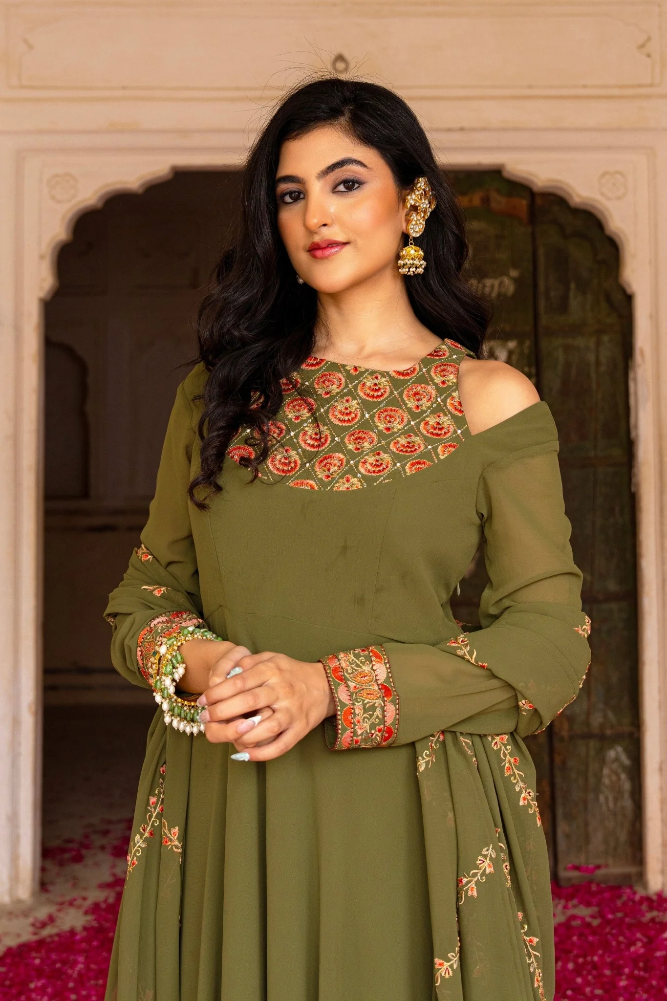 Olive Royale Embroidered Georgette Anarkali Set - Image 6