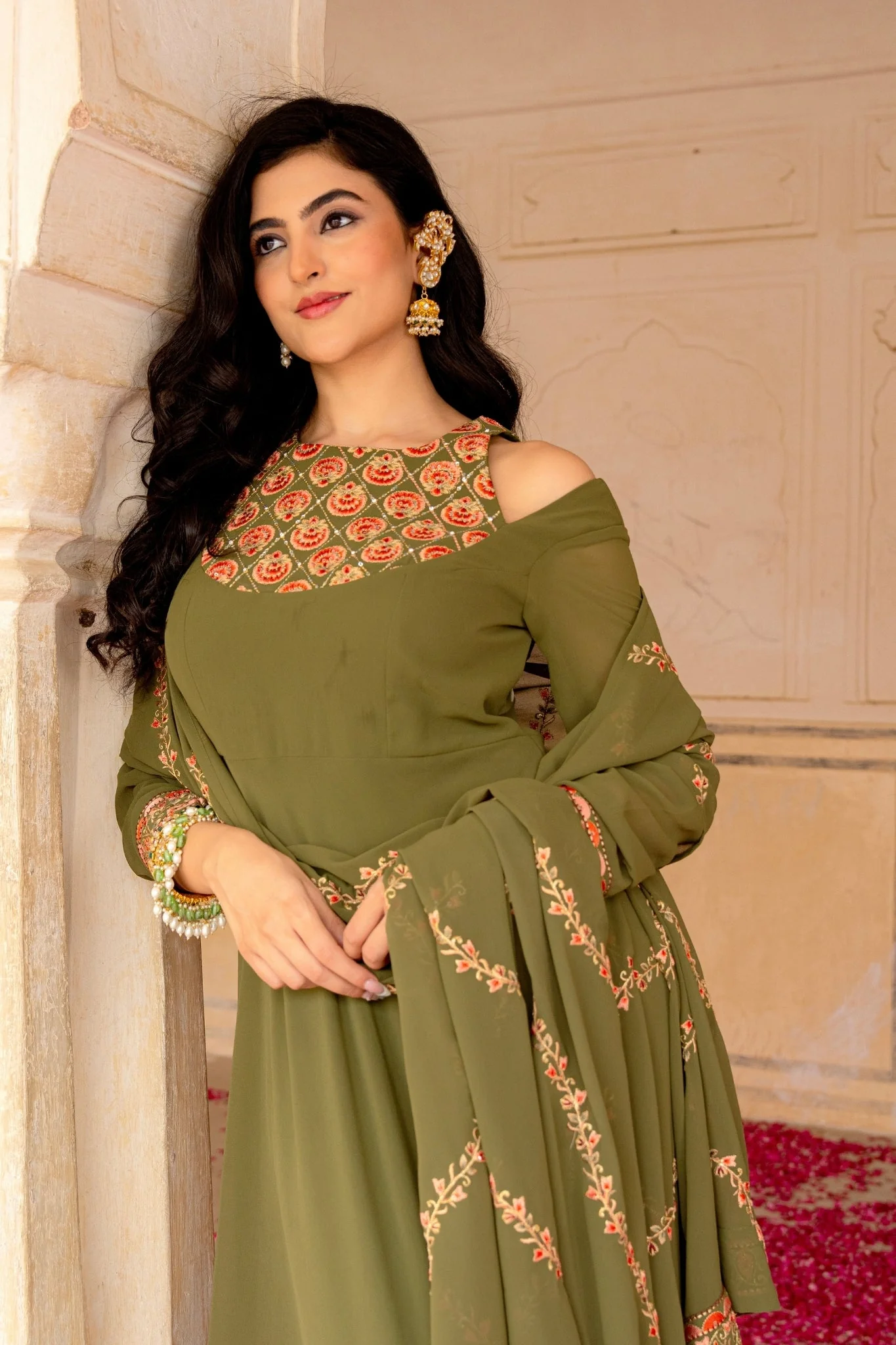 Olive Royale Embroidered Georgette Anarkali Set - Image 7