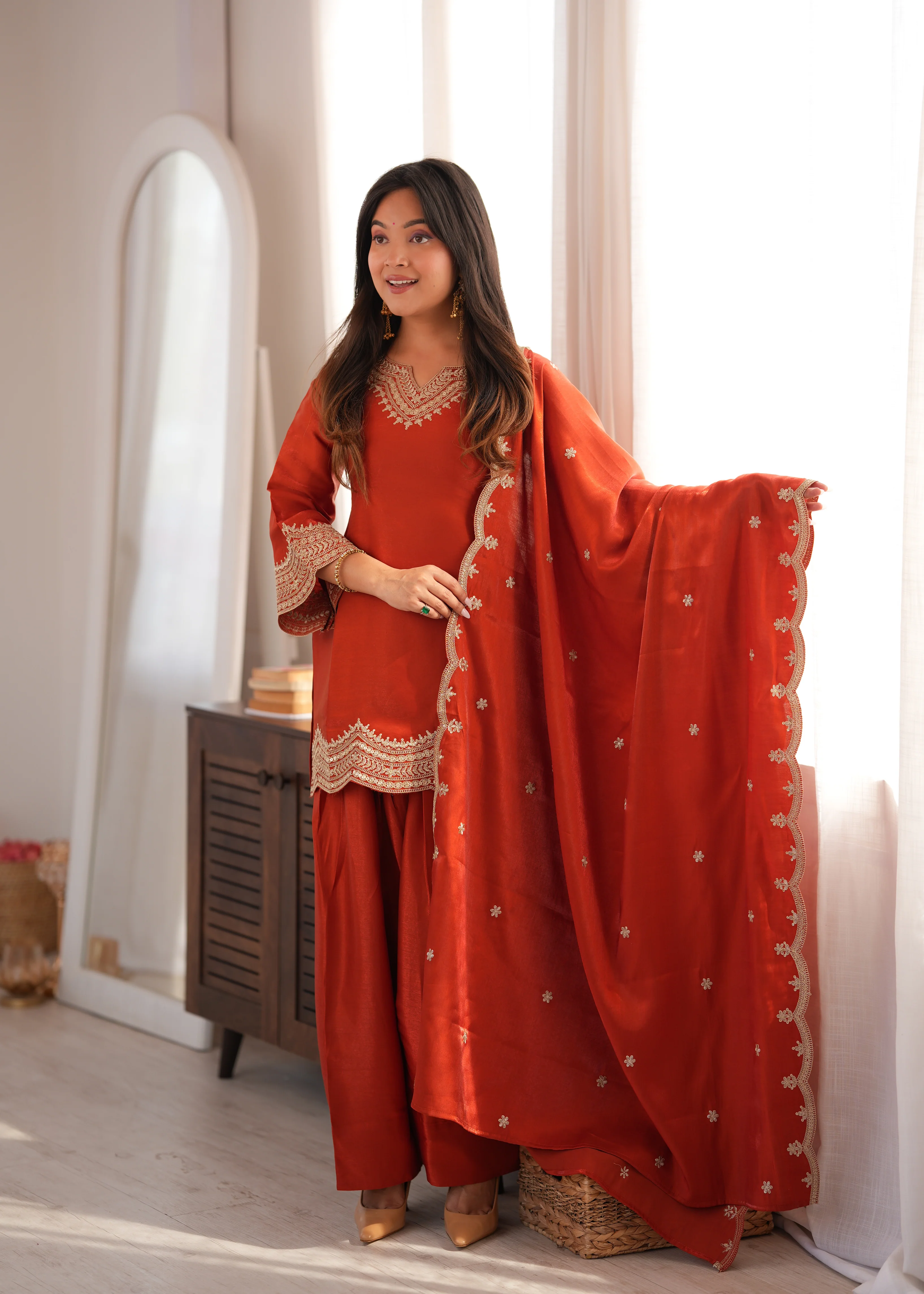 Orange Glass Roman Silk Heavy Sequence Dori Jari Work Dress Set
