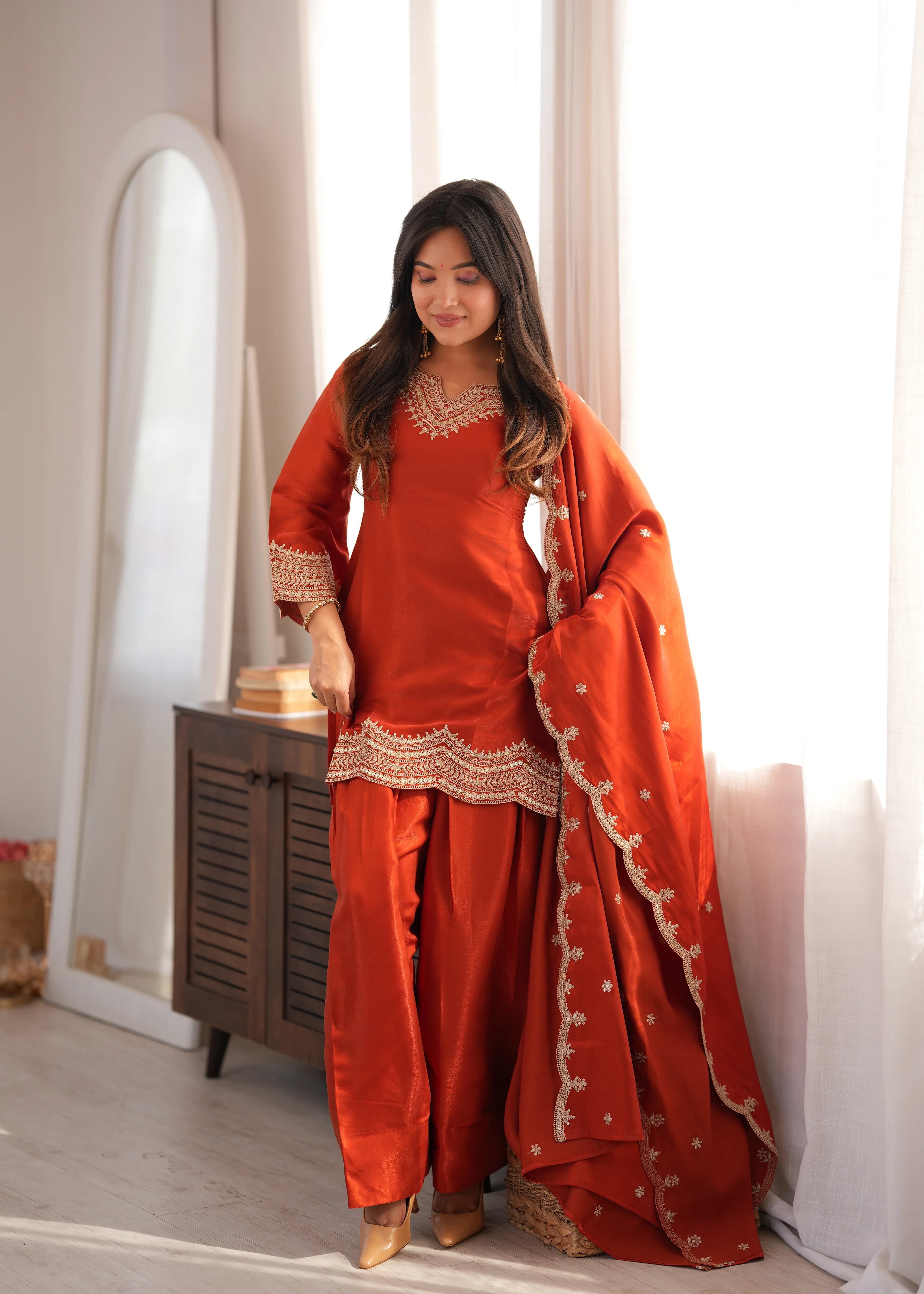 Orange Glass Roman Silk Heavy Sequence Dori Jari Work Dress Set - Image 2