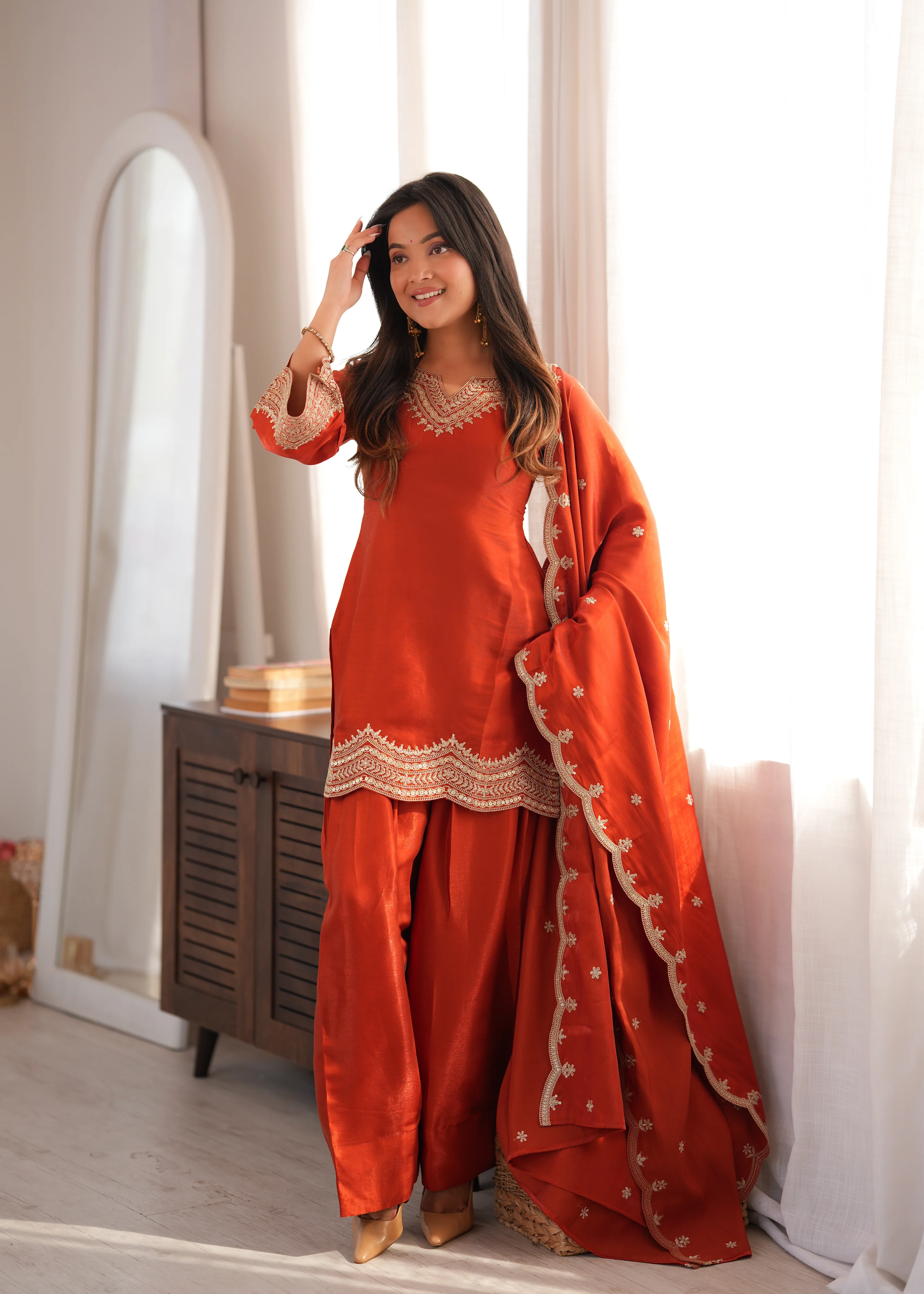 Orange Glass Roman Silk Heavy Sequence Dori Jari Work Dress Set - Image 3