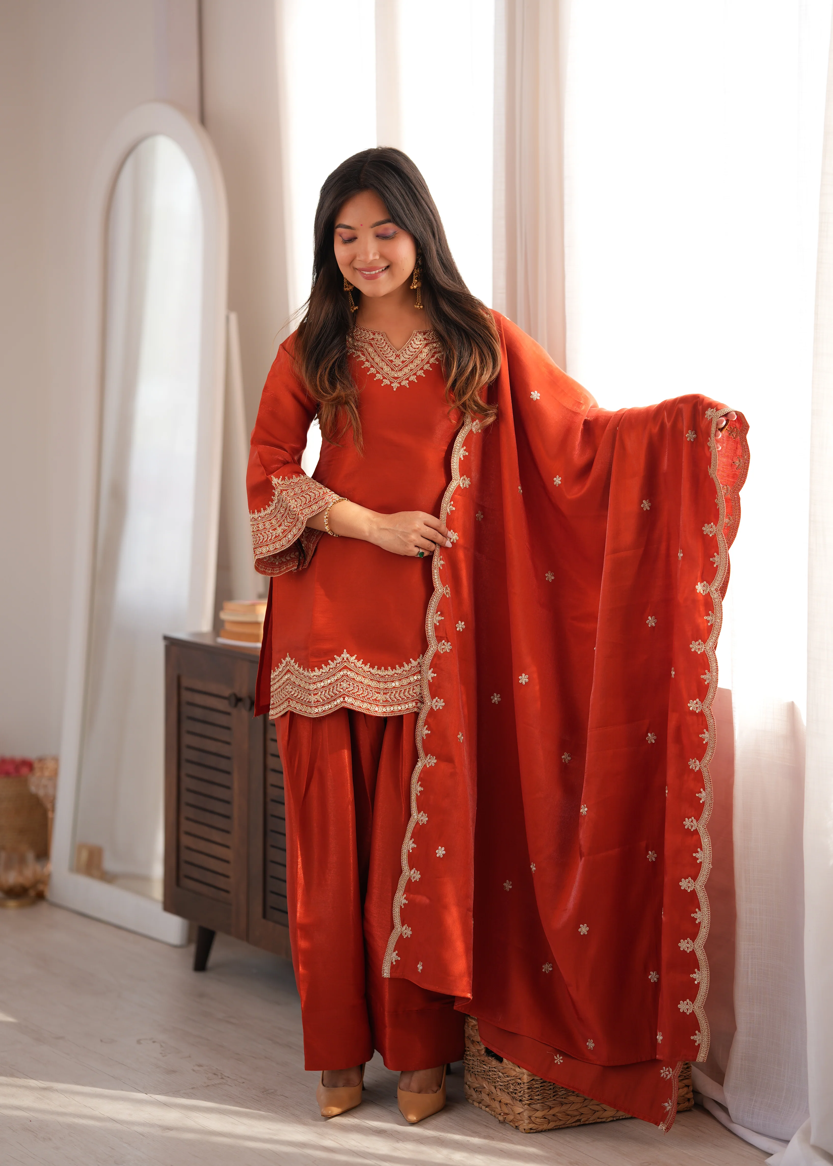 Orange Glass Roman Silk Heavy Sequence Dori Jari Work Dress Set - Image 4