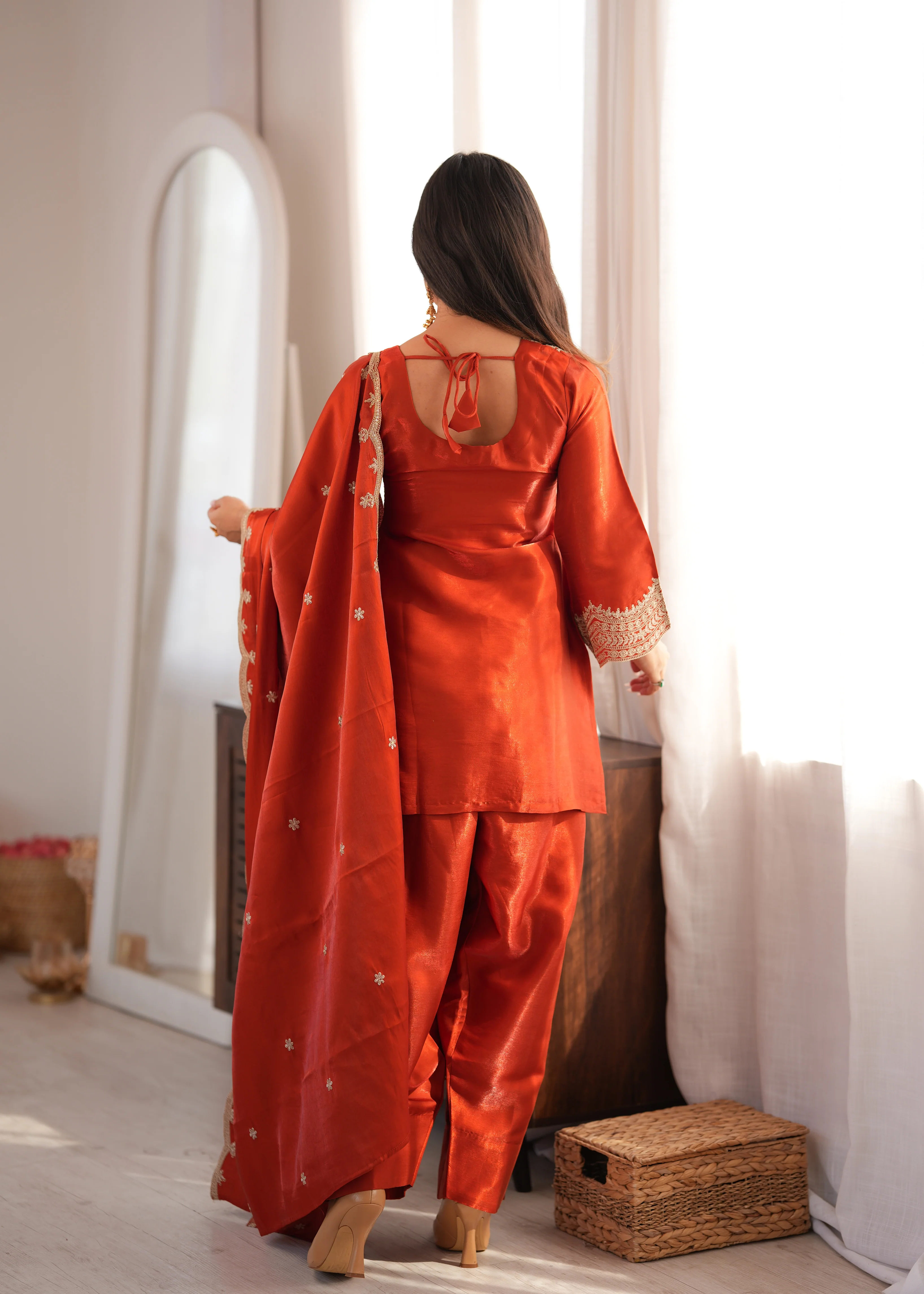 Orange Glass Roman Silk Heavy Sequence Dori Jari Work Dress Set - Image 5