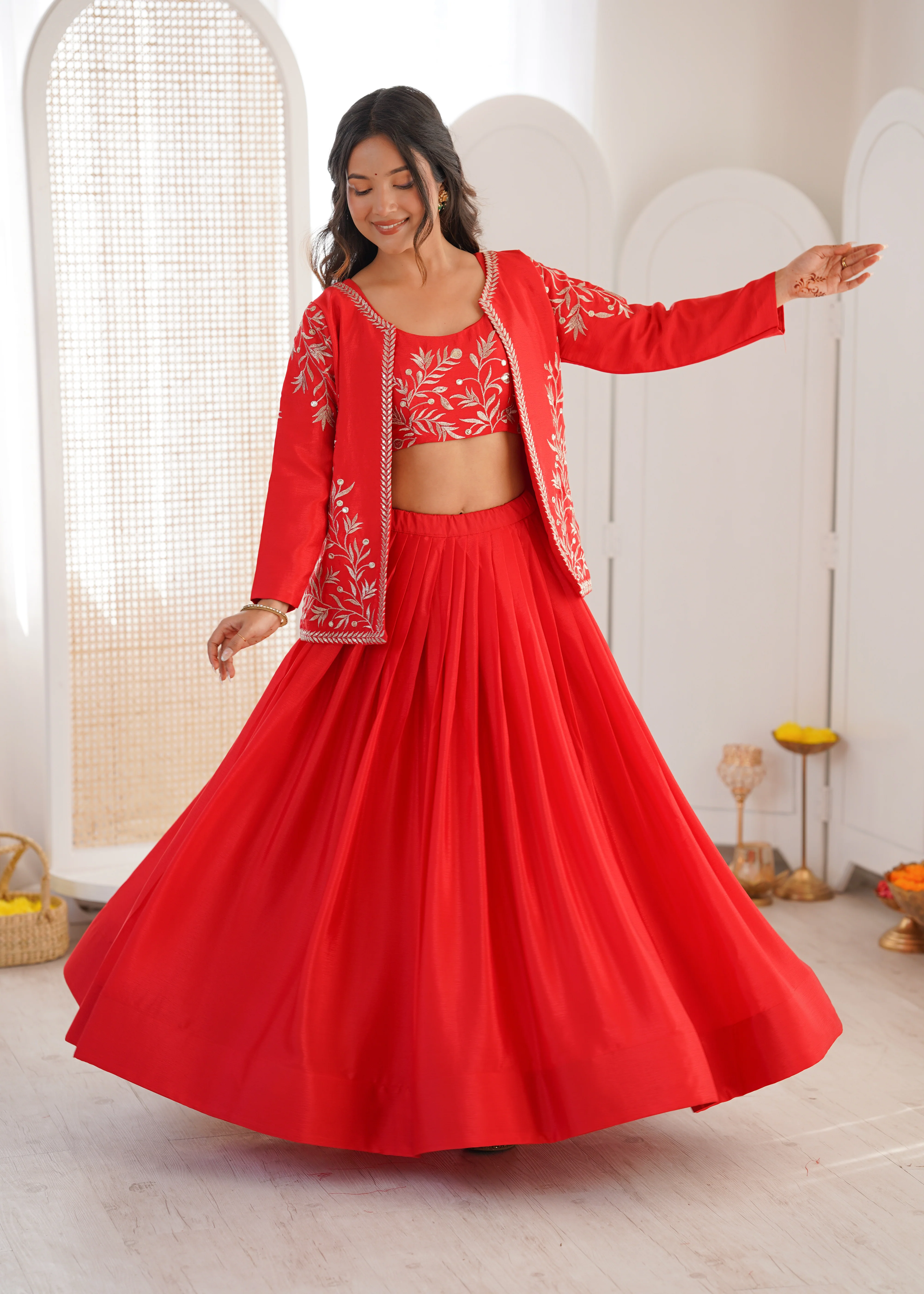 Orange Heavy Chinon Silk Matching Thread Sequin Lehenga Choli Set - Image 2