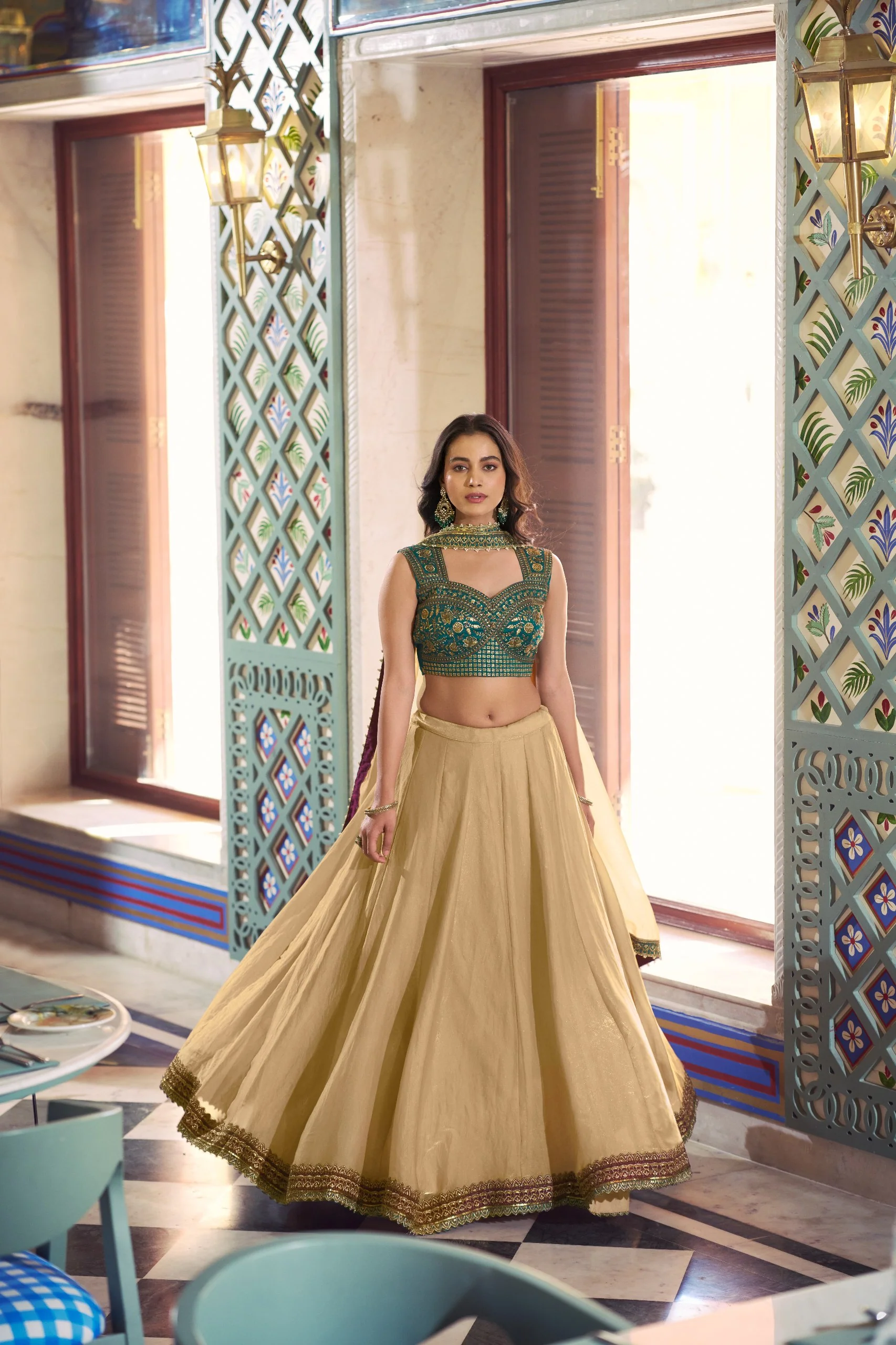 Party Wear Beige Fendi Heavy Flair Lehenga Choli Set for Women - Image 3