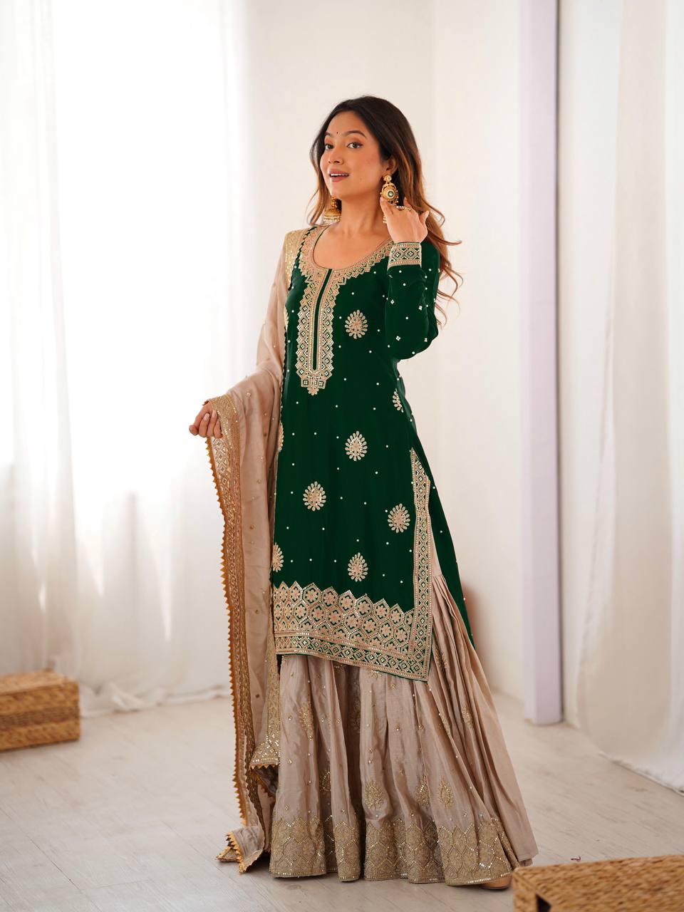 Party Wear Green Chinon Silk Embroidered Top Sharara Set with Dupatta - Image 4