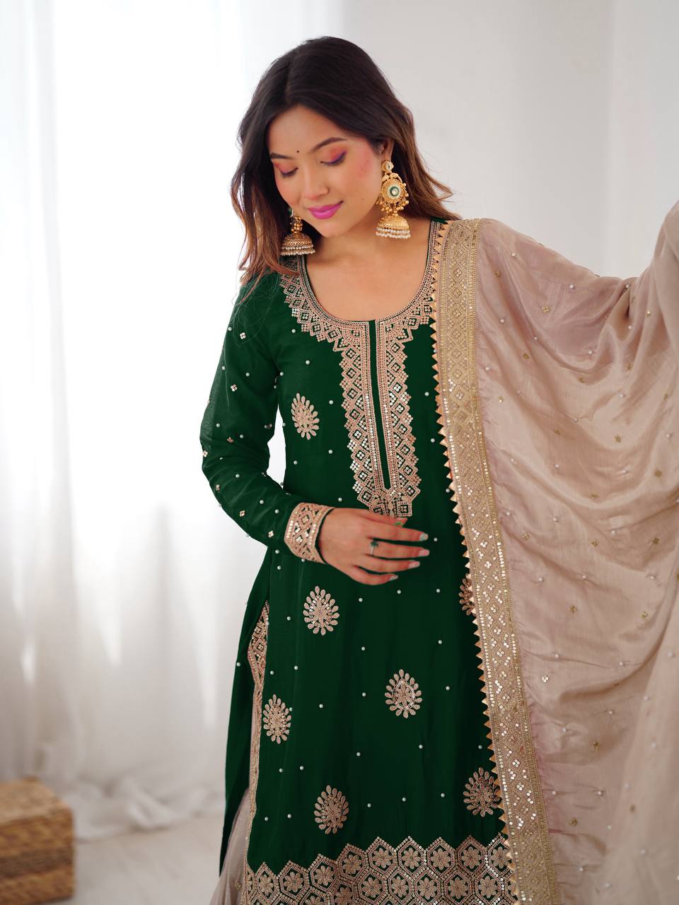 Party Wear Green Chinon Silk Embroidered Top Sharara Set with Dupatta - Image 5