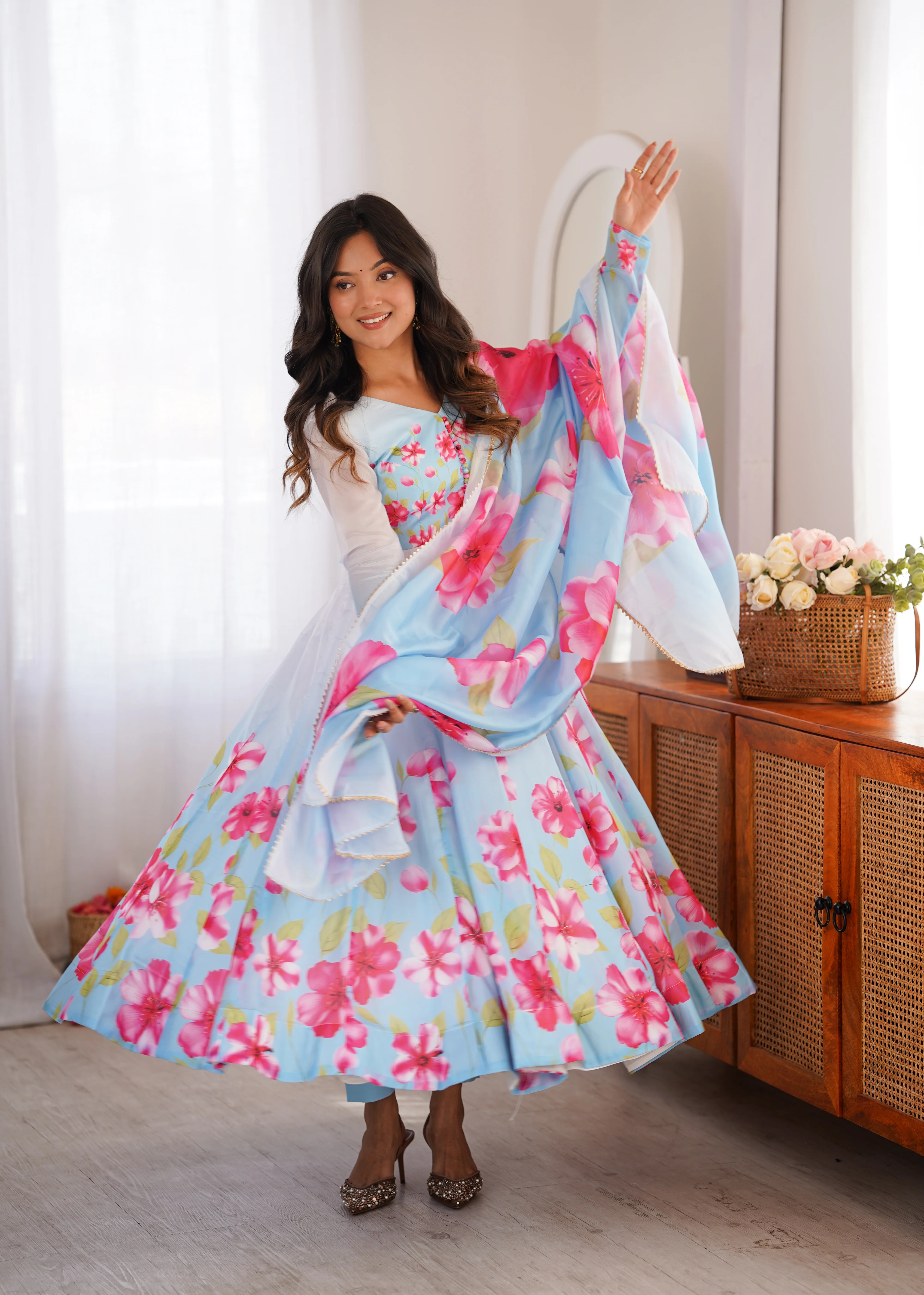 Party Wear Sky Floral Organza Silk Anarkali Collection