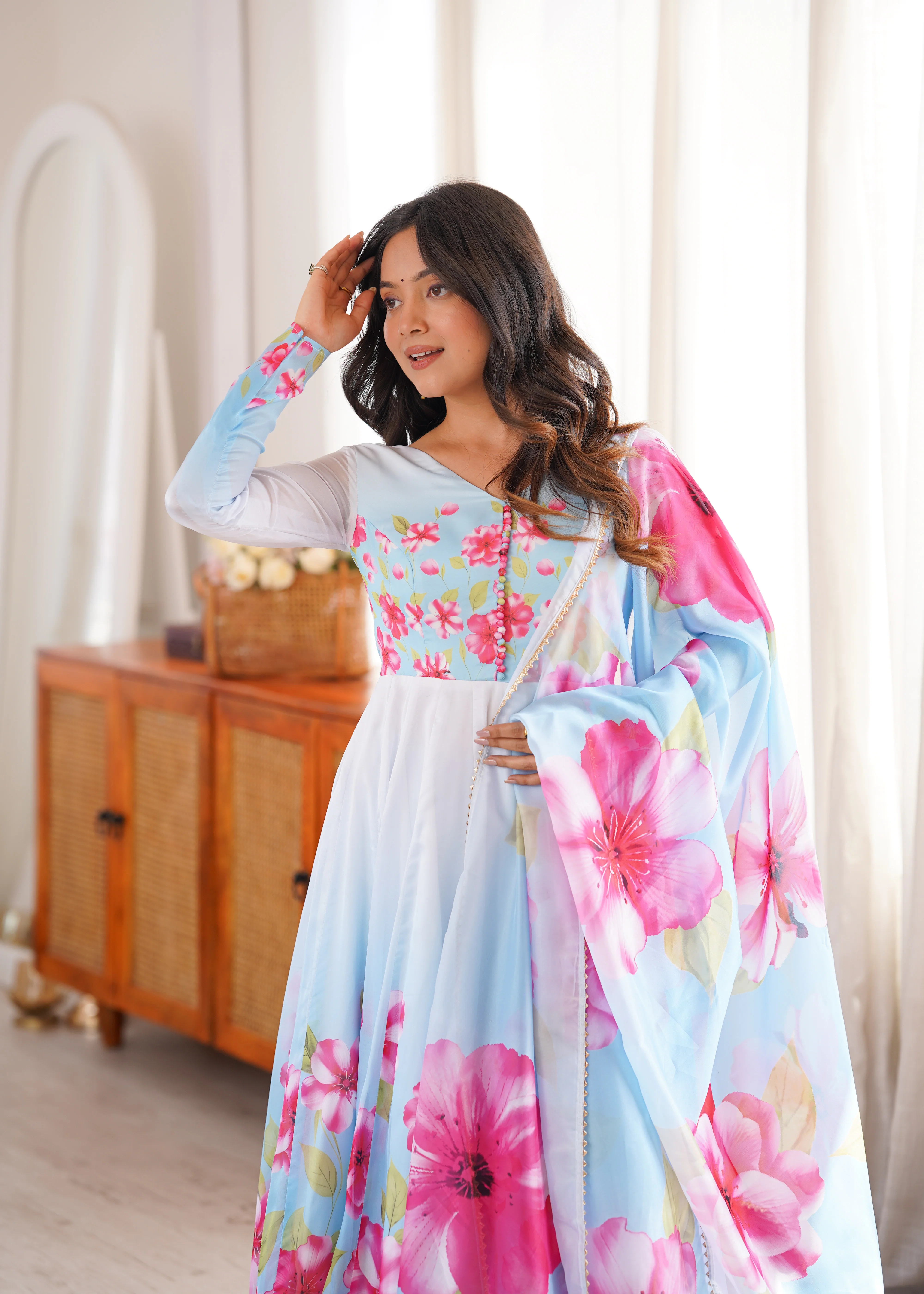 Party Wear Sky Floral Organza Silk Anarkali Collection - Image 2