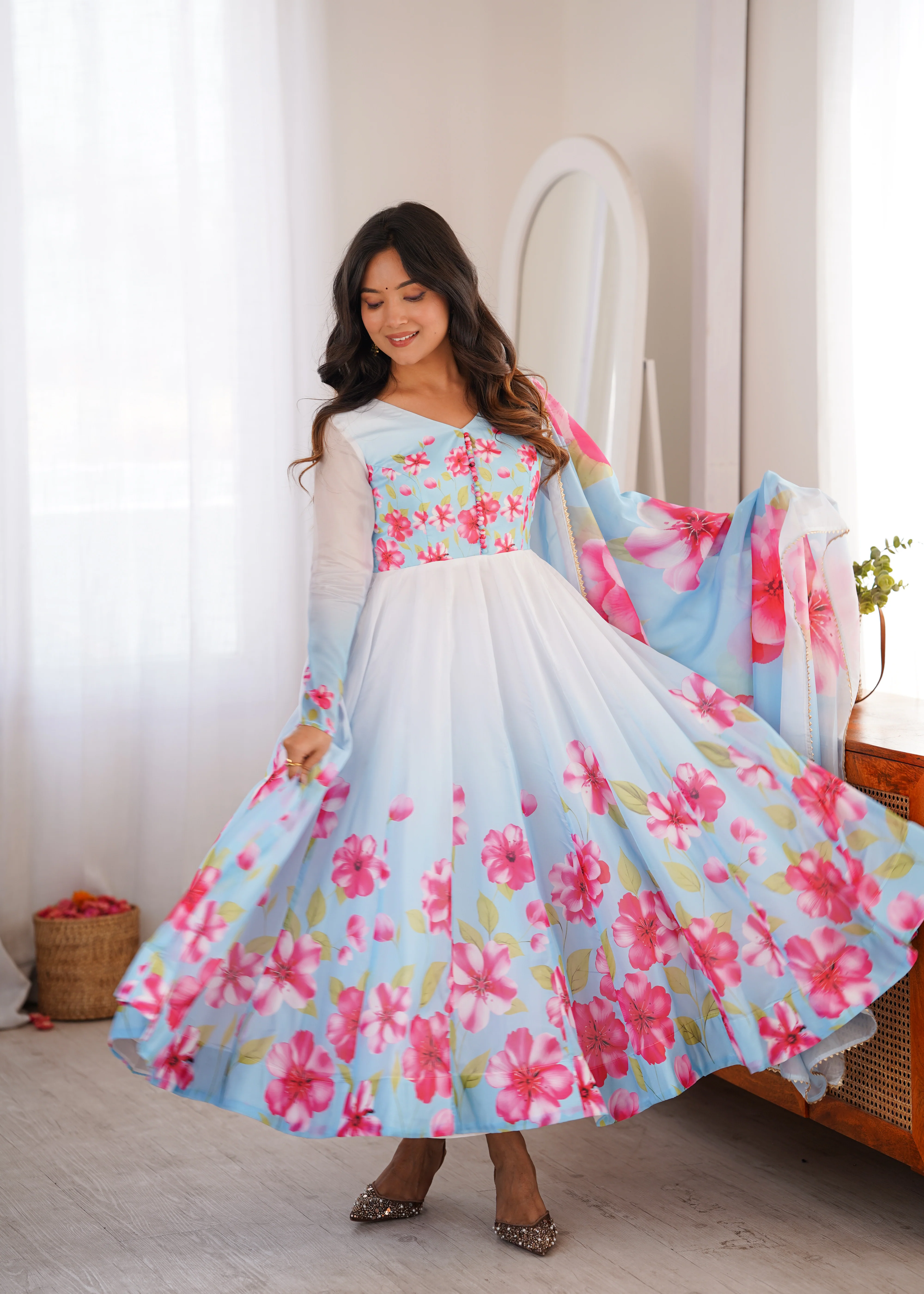Party Wear Sky Floral Organza Silk Anarkali Collection - Image 3