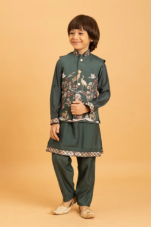 Party & Wedding Special Stylish Green Koti Kurta Set for Kids - Image 3