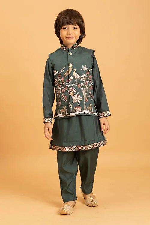 Party & Wedding Special Stylish Green Koti Kurta Set for Kids - Image 5