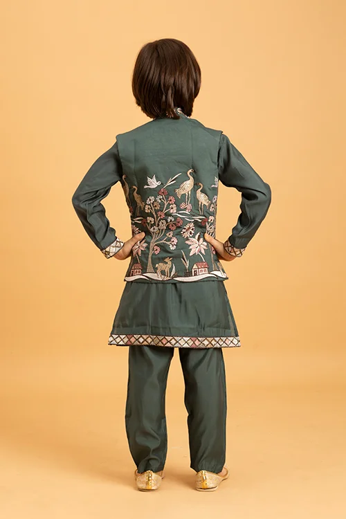 Party & Wedding Special Stylish Green Koti Kurta Set for Kids - Image 6