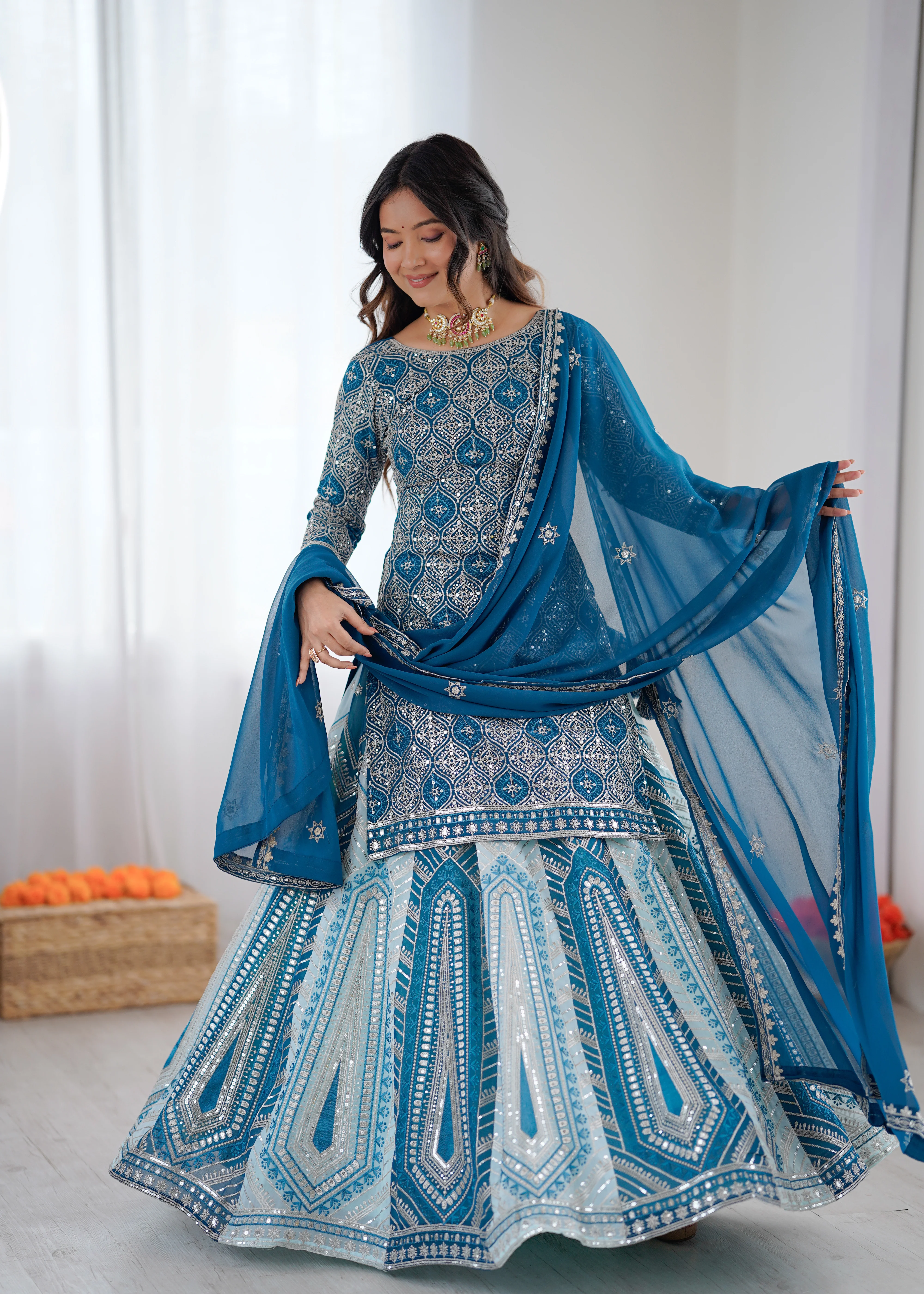 Partywear Blue Faux Georgette Thread & Sequence Work Lehenga Top Set - Image 2