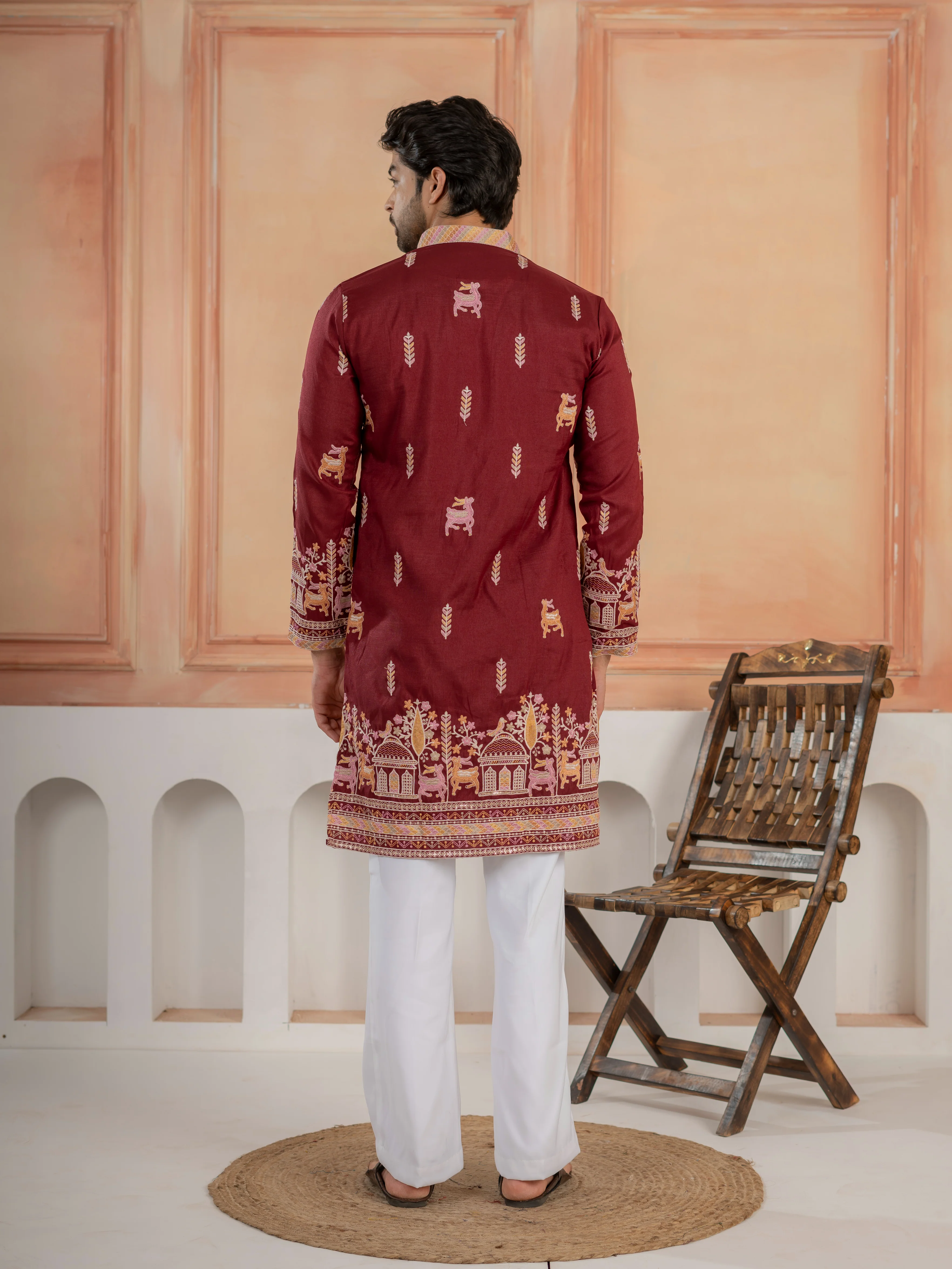 Partywear Maroon Silk Embroidered Work Kurta Set For Mens - Image 7