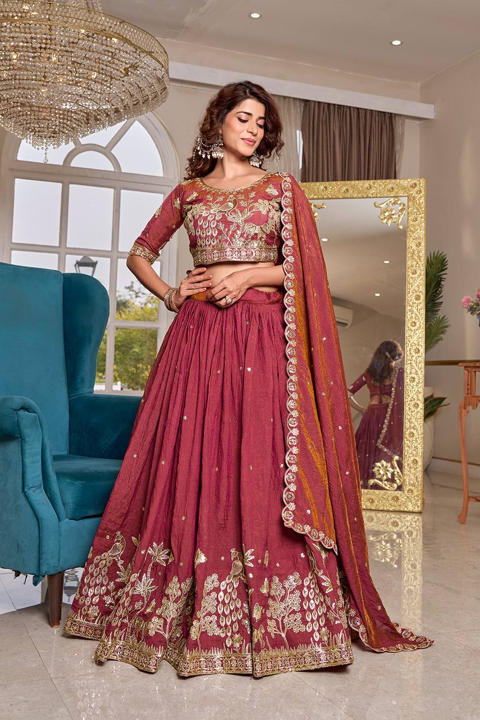 Partywear Vichitra Heavy Embroidery Lehenga Choli Set with Dupatta