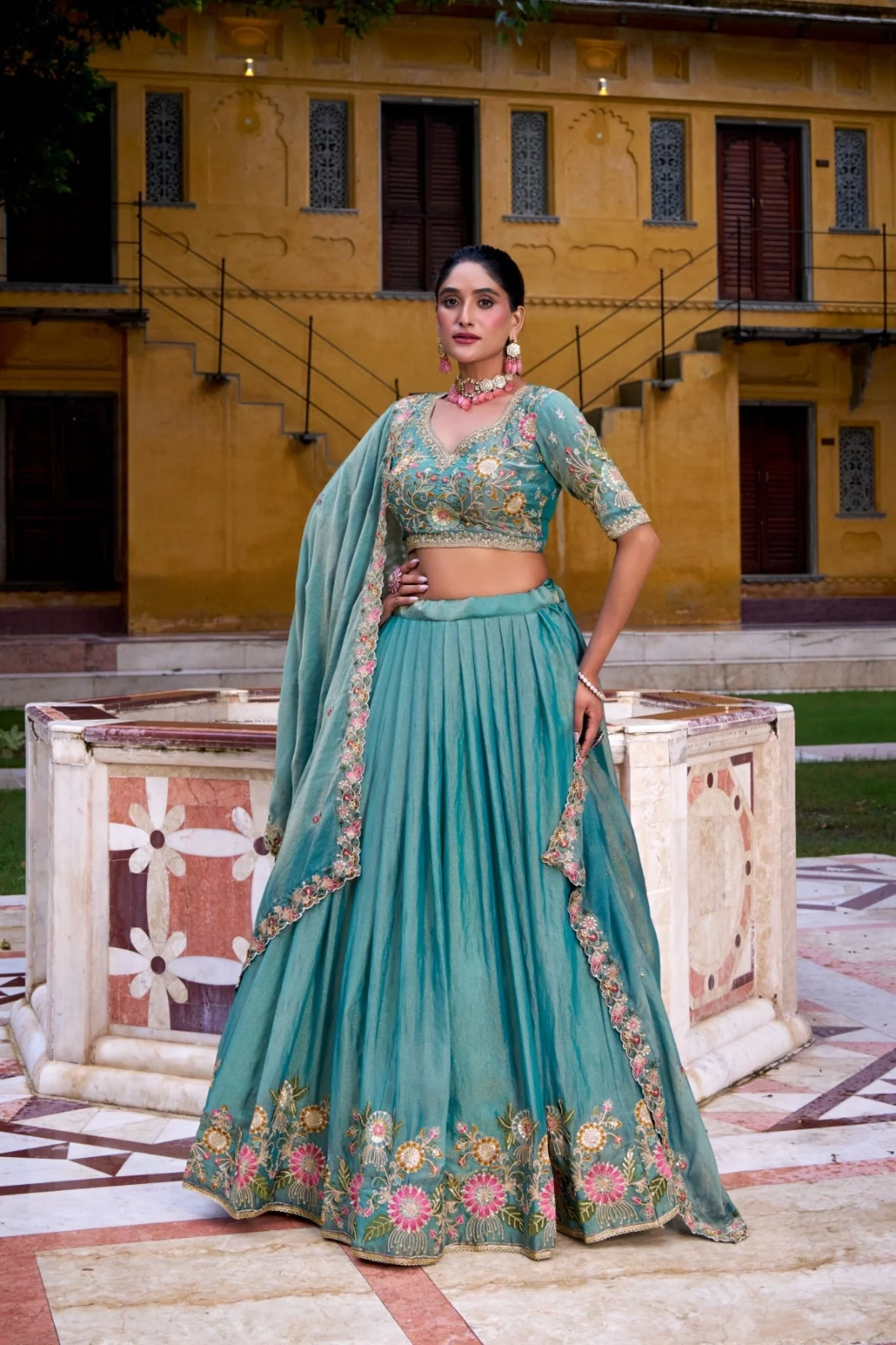 Pastel Floral Zari Shimmer Sky Blue Wedding Lehenga Choli - Image 2