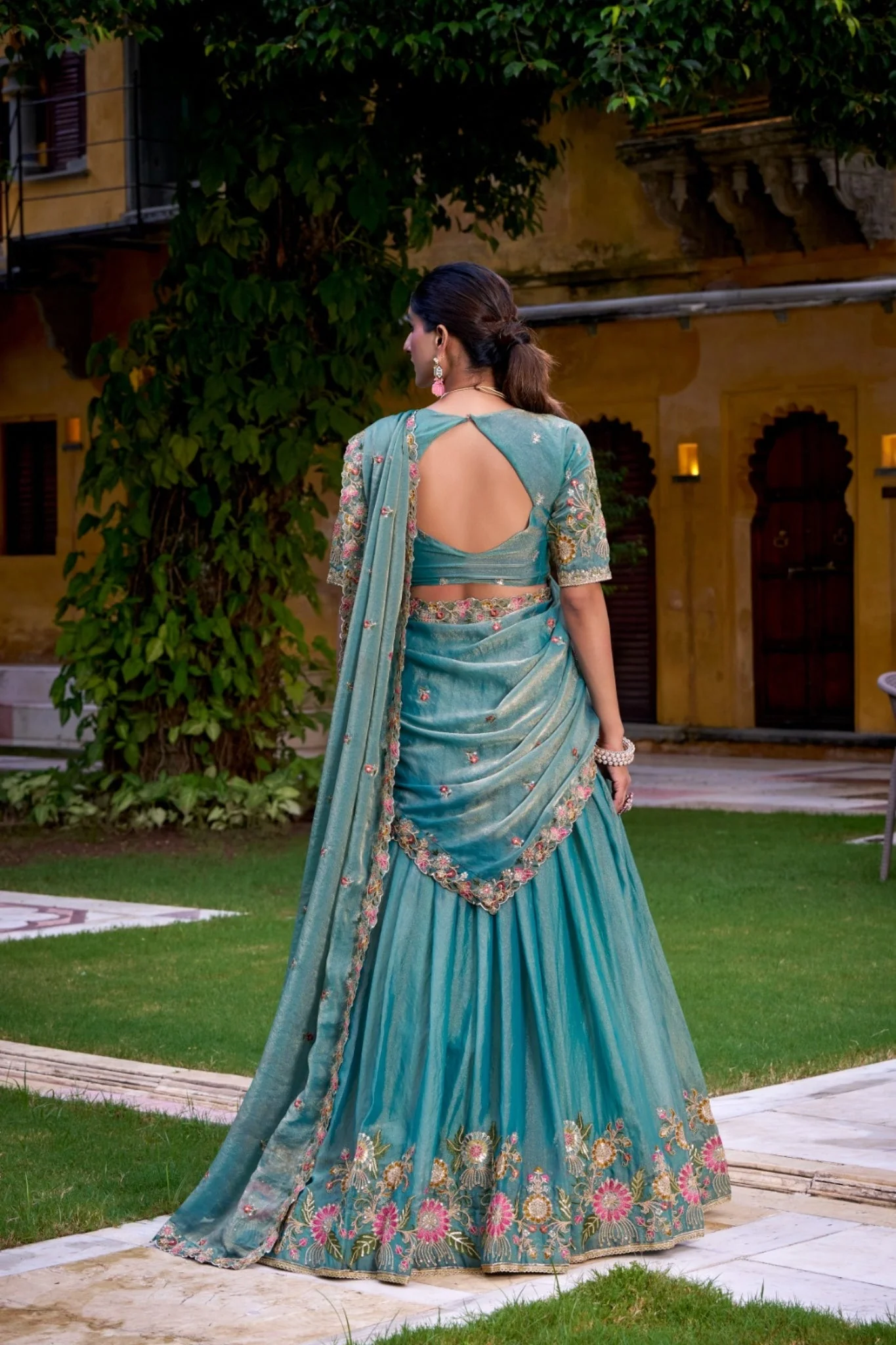Pastel Floral Zari Shimmer Sky Blue Wedding Lehenga Choli - Image 4