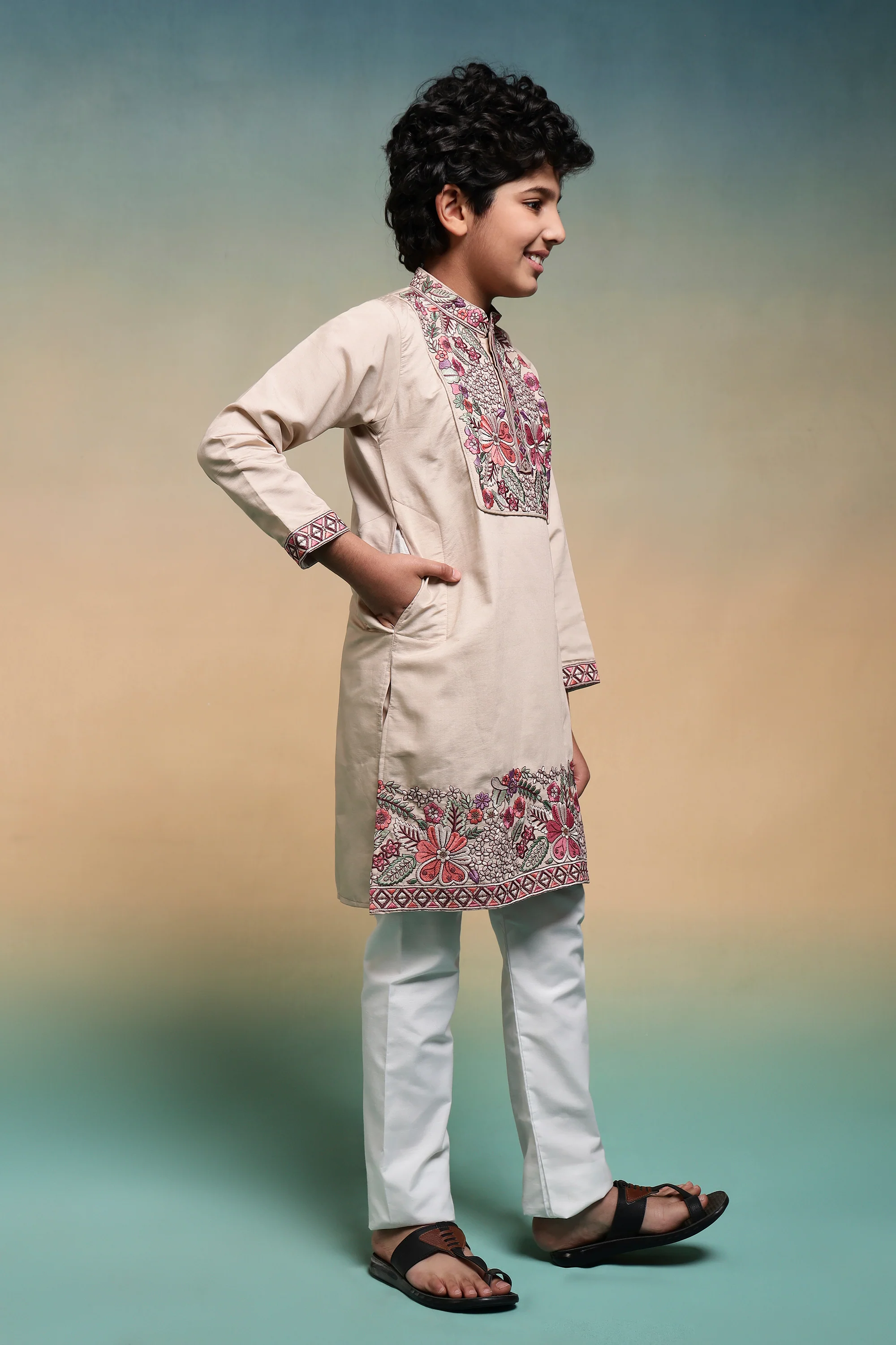 Perfect Beige Viscose Silk Kurta & Pant For Festive Wear - Image 5