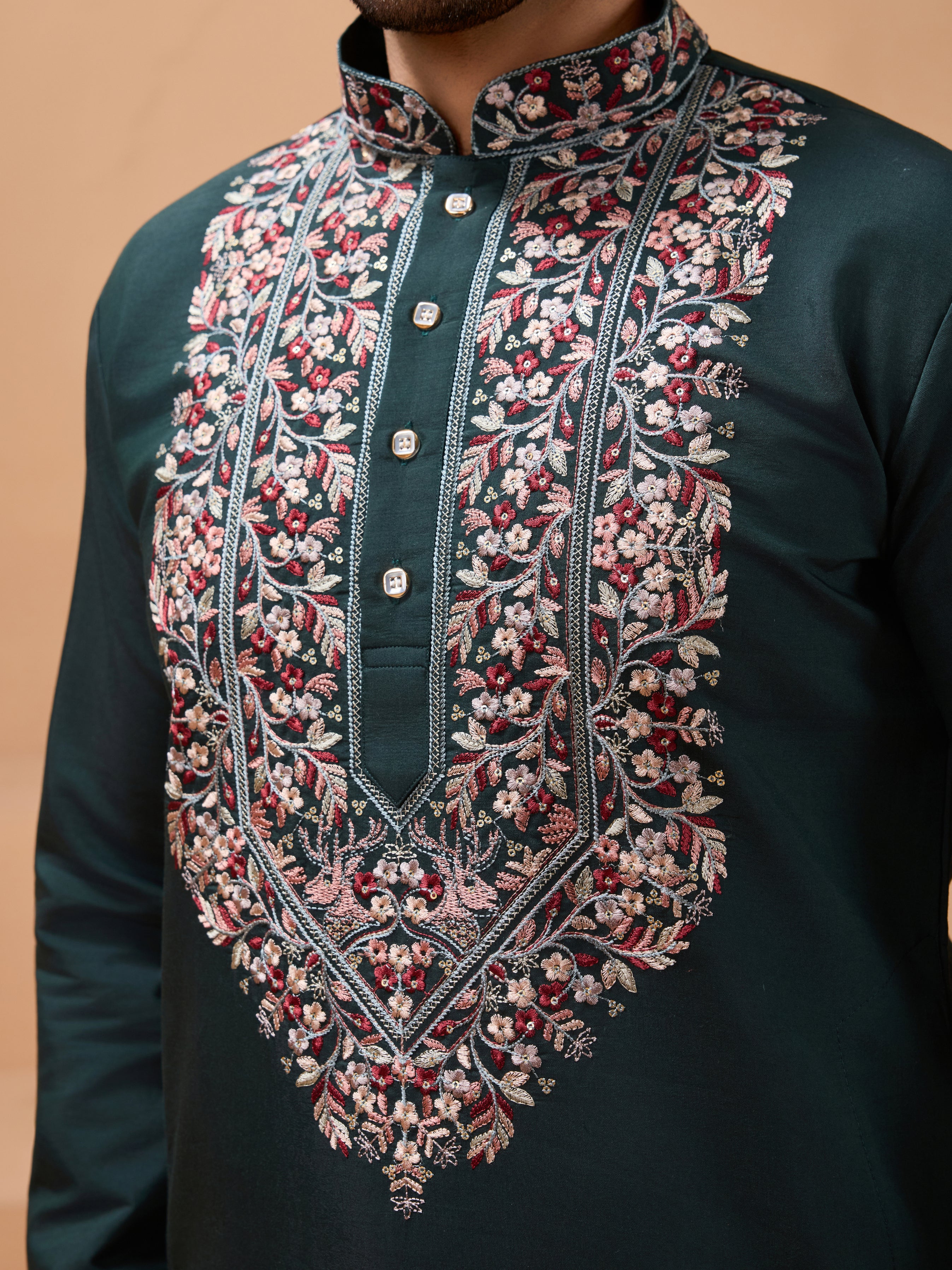 Perfect Green Festival Special Kurta with Dupatta for Mens - Image 3