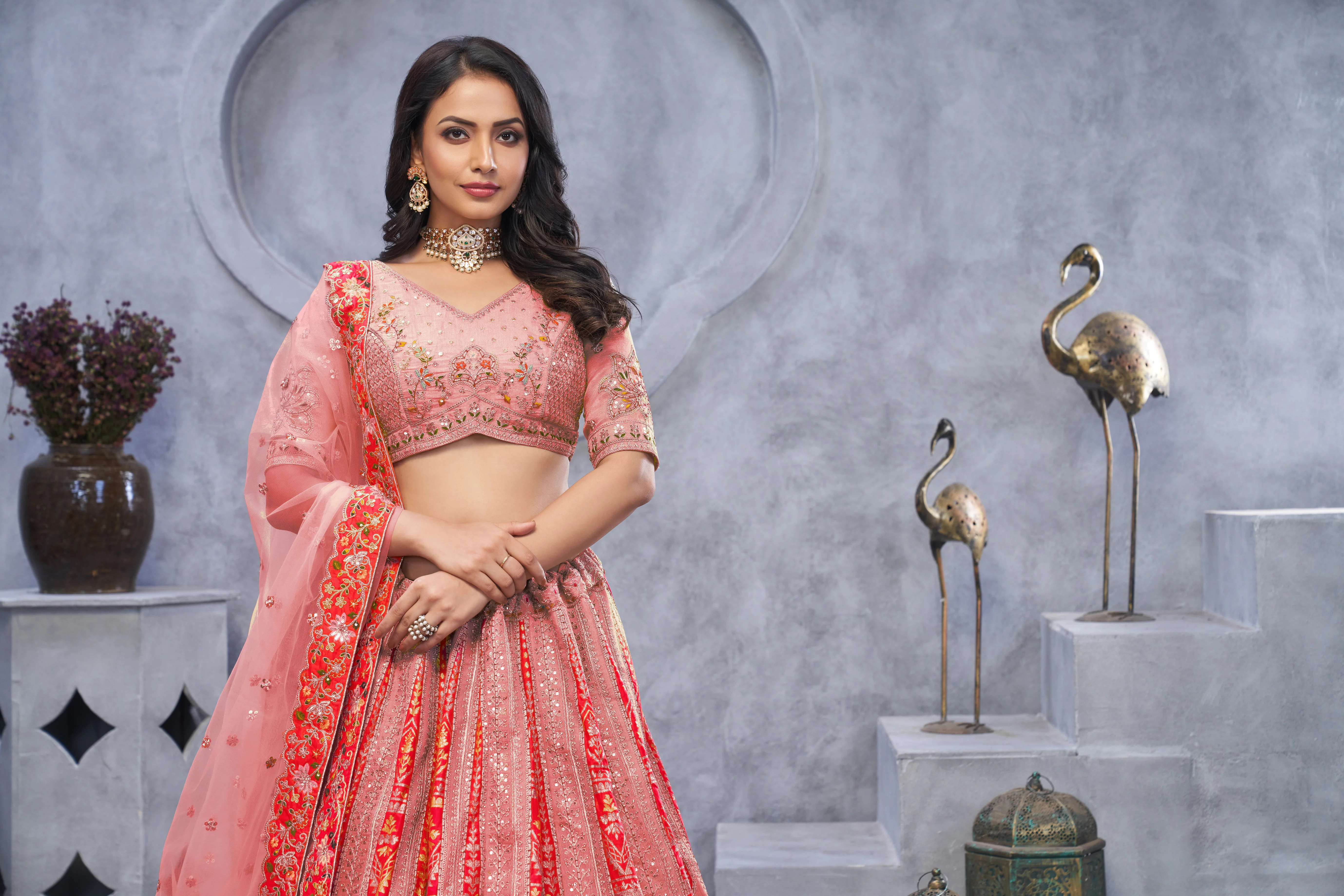 Pink Banarasi Silk Bridal Lehenga Choli with Soft Net Dupatta - Image 4