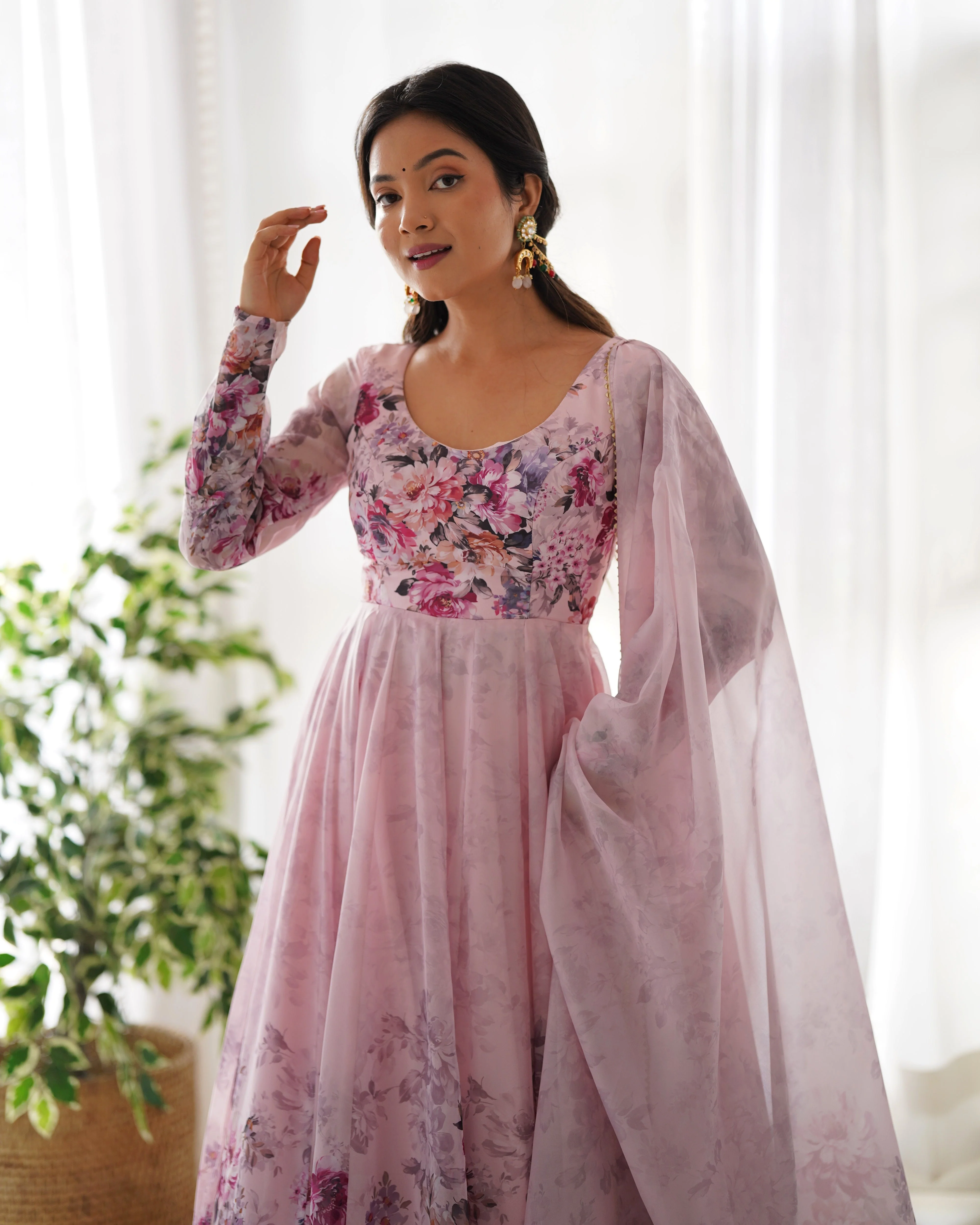Pink Color Digitally Printed Pure Soft Organza Anarkali Suit With Huge Flair Comes With Duppatta & Pant - Image 3