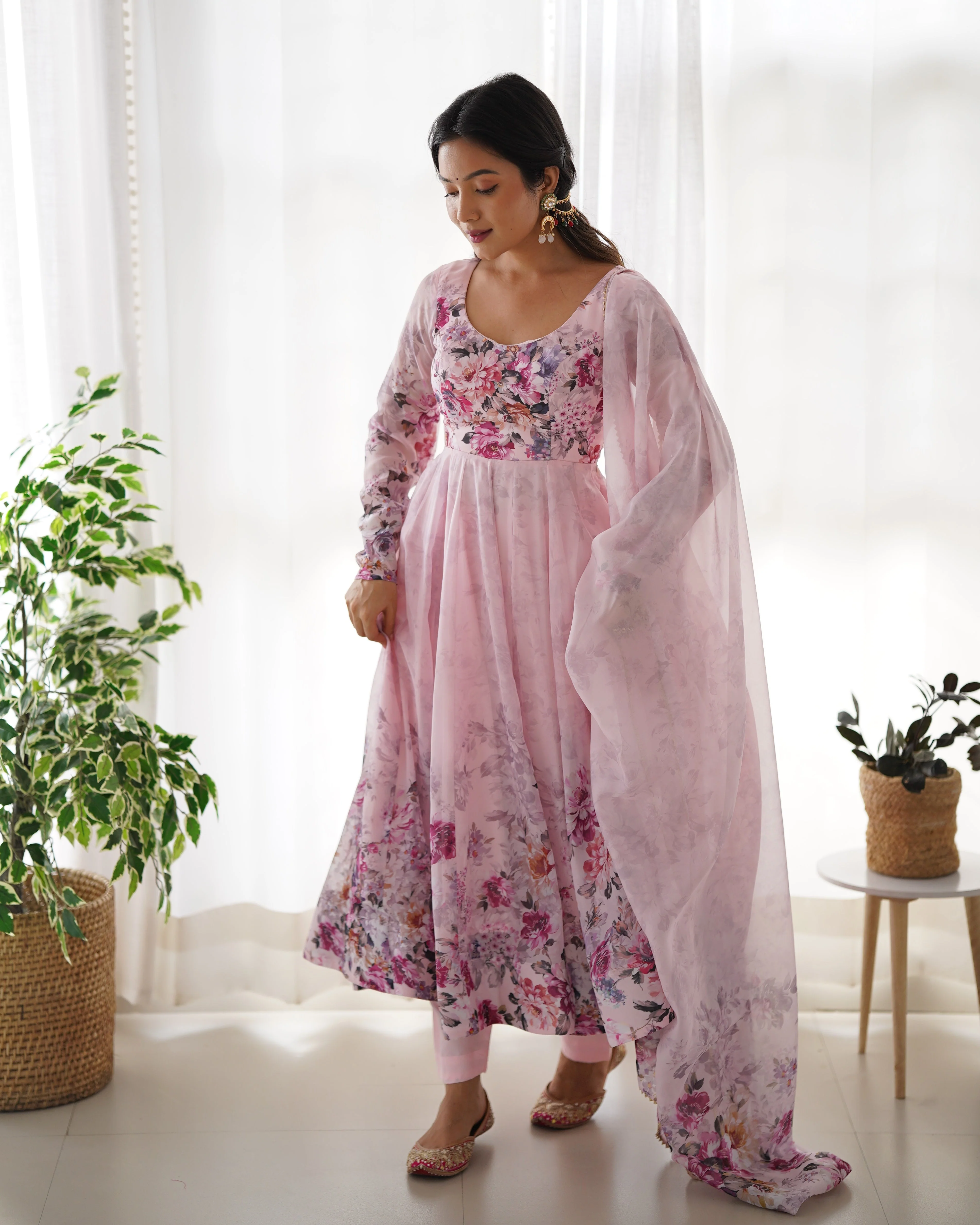 Pink Color Digitally Printed Pure Soft Organza Anarkali Suit With Huge Flair Comes With Duppatta & Pant - Image 4
