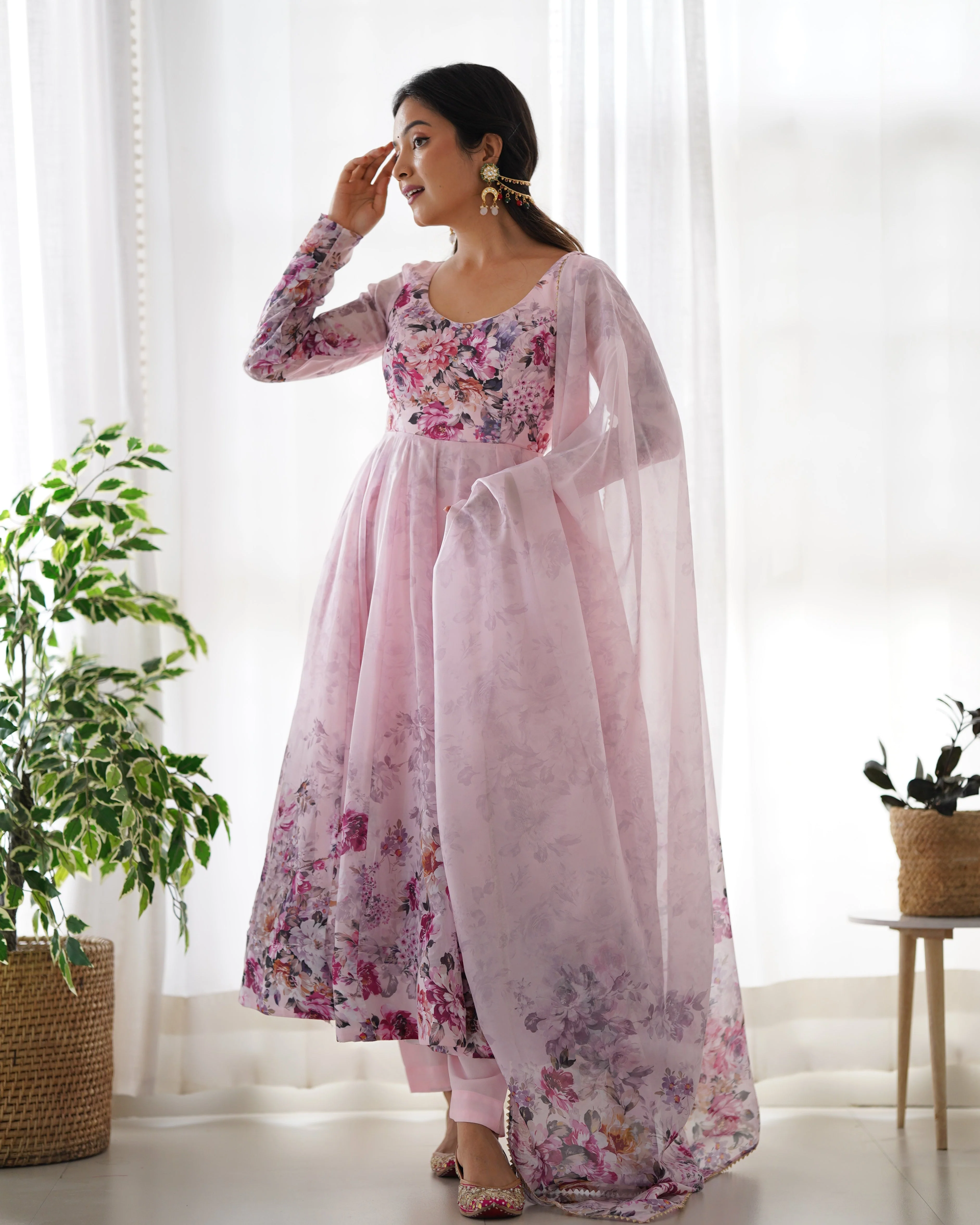 Pink Color Digitally Printed Pure Soft Organza Anarkali Suit With Huge Flair Comes With Duppatta & Pant - Image 5