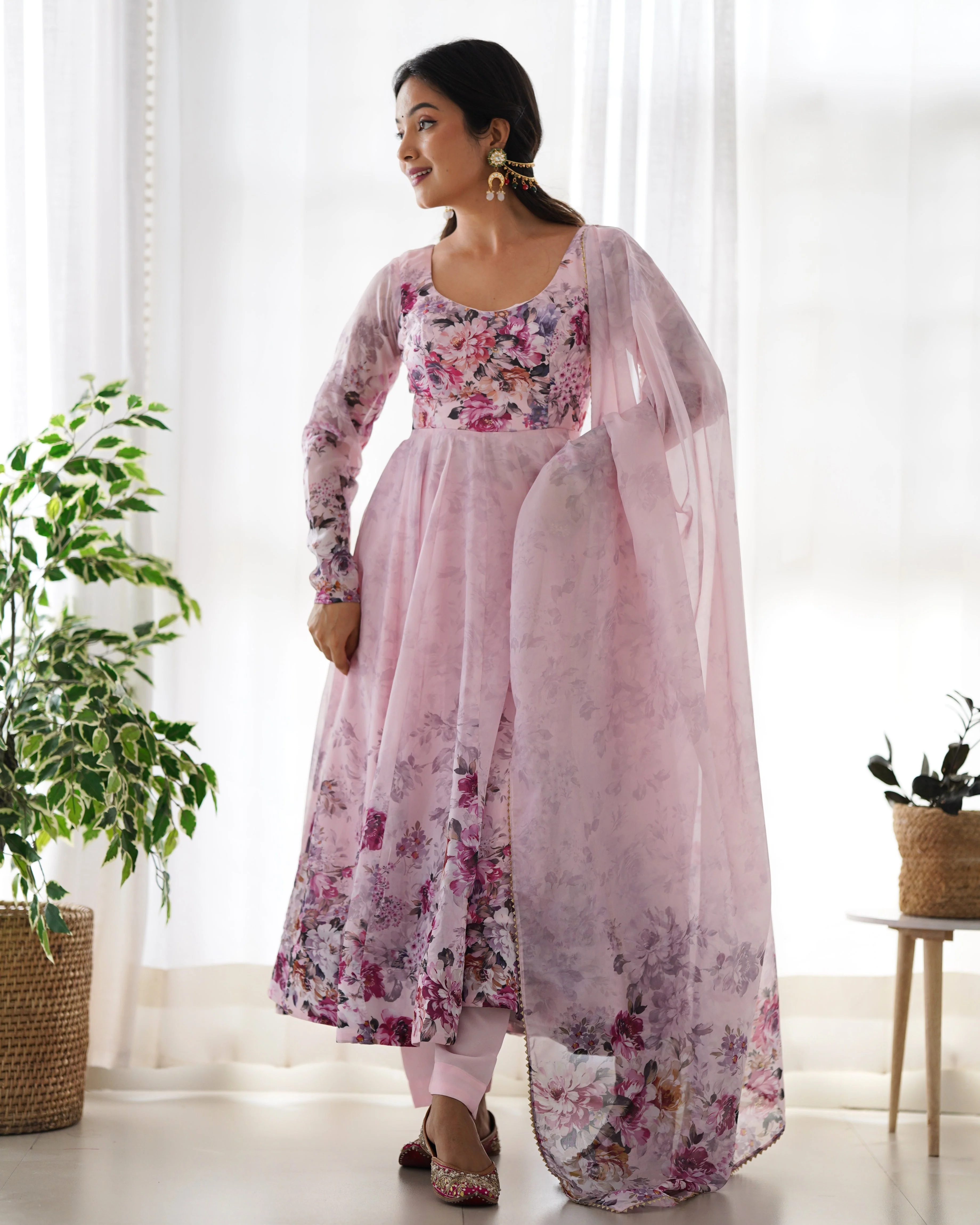 Pink Color Digitally Printed Pure Soft Organza Anarkali Suit With Huge Flair Comes With Duppatta & Pant - Image 6