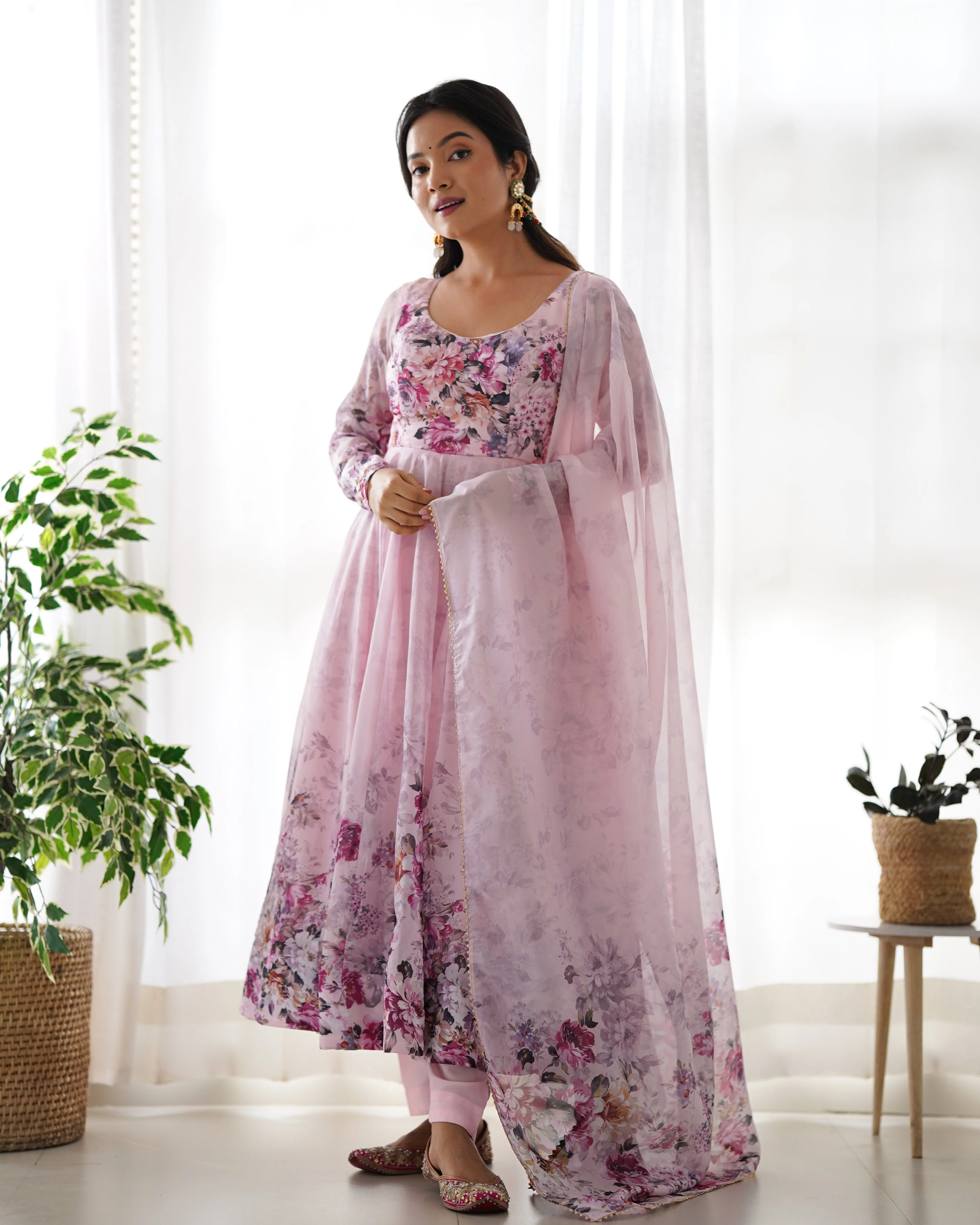 Pink Color Digitally Printed Pure Soft Organza Anarkali Suit With Huge Flair Comes With Duppatta & Pant - Image 7
