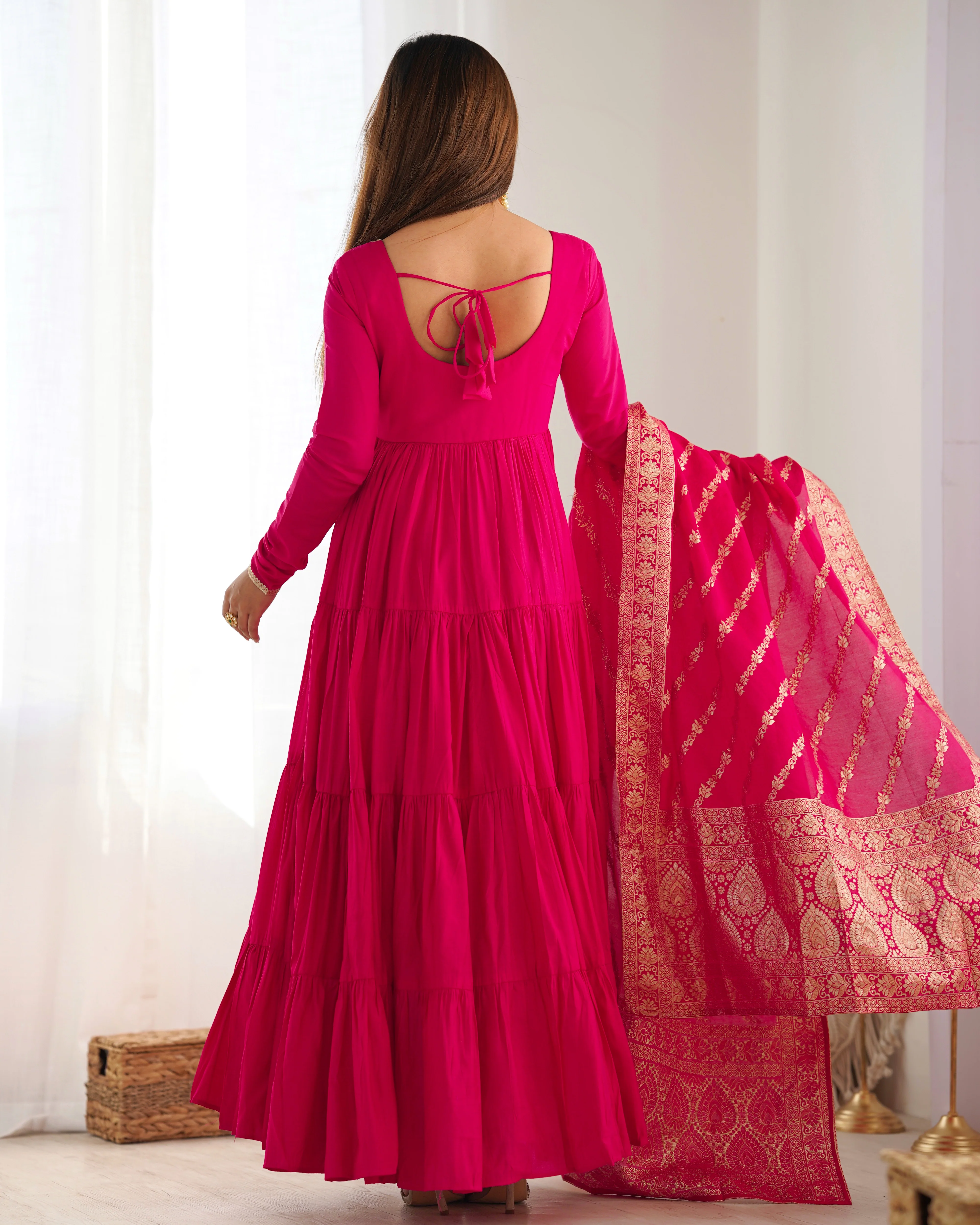 Pink Roman Silk Chanderi Fabric Fully Flared Anarkali Suit With Pent and Dupatta Set - Image 10