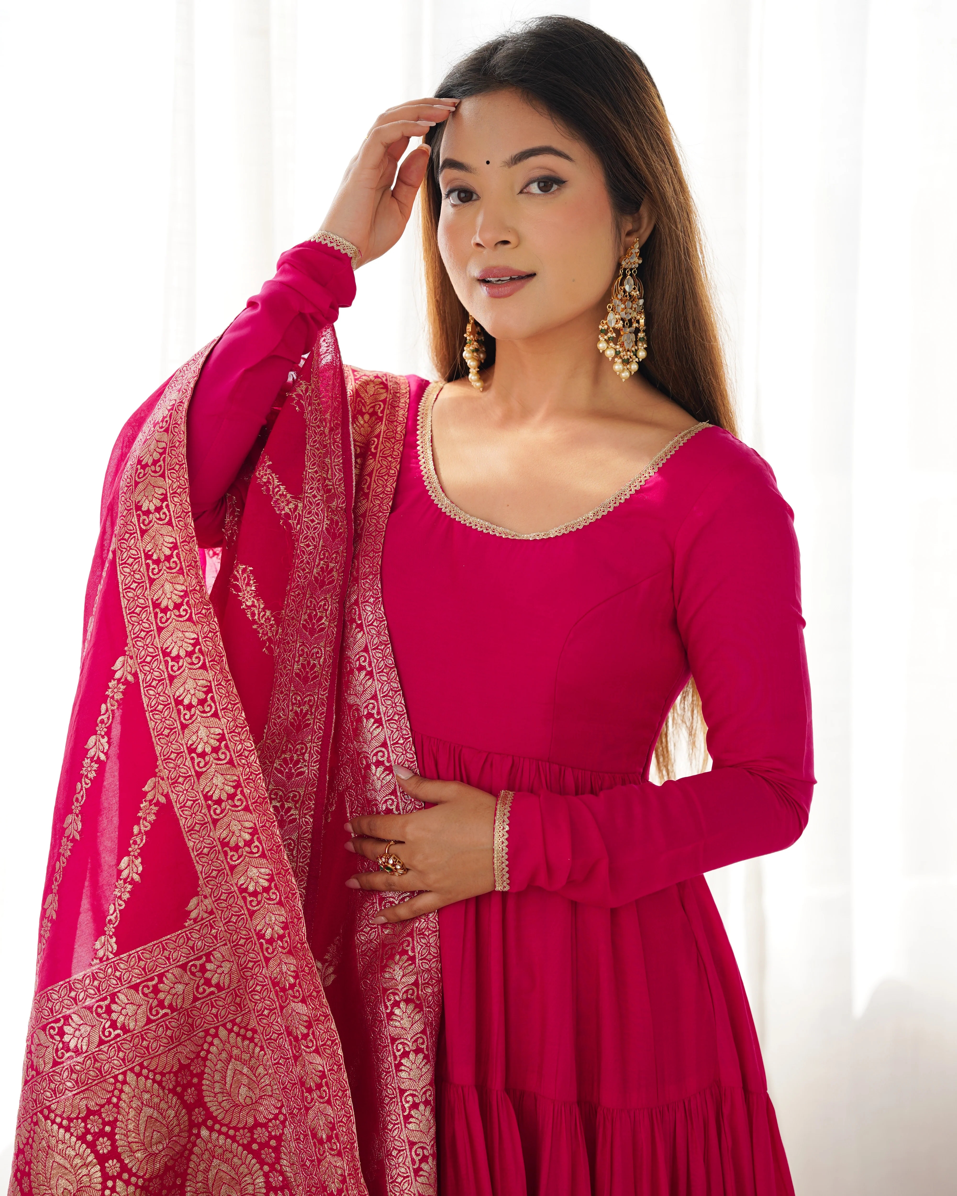 Pink Roman Silk Chanderi Fabric Fully Flared Anarkali Suit With Pent and Dupatta Set - Image 6
