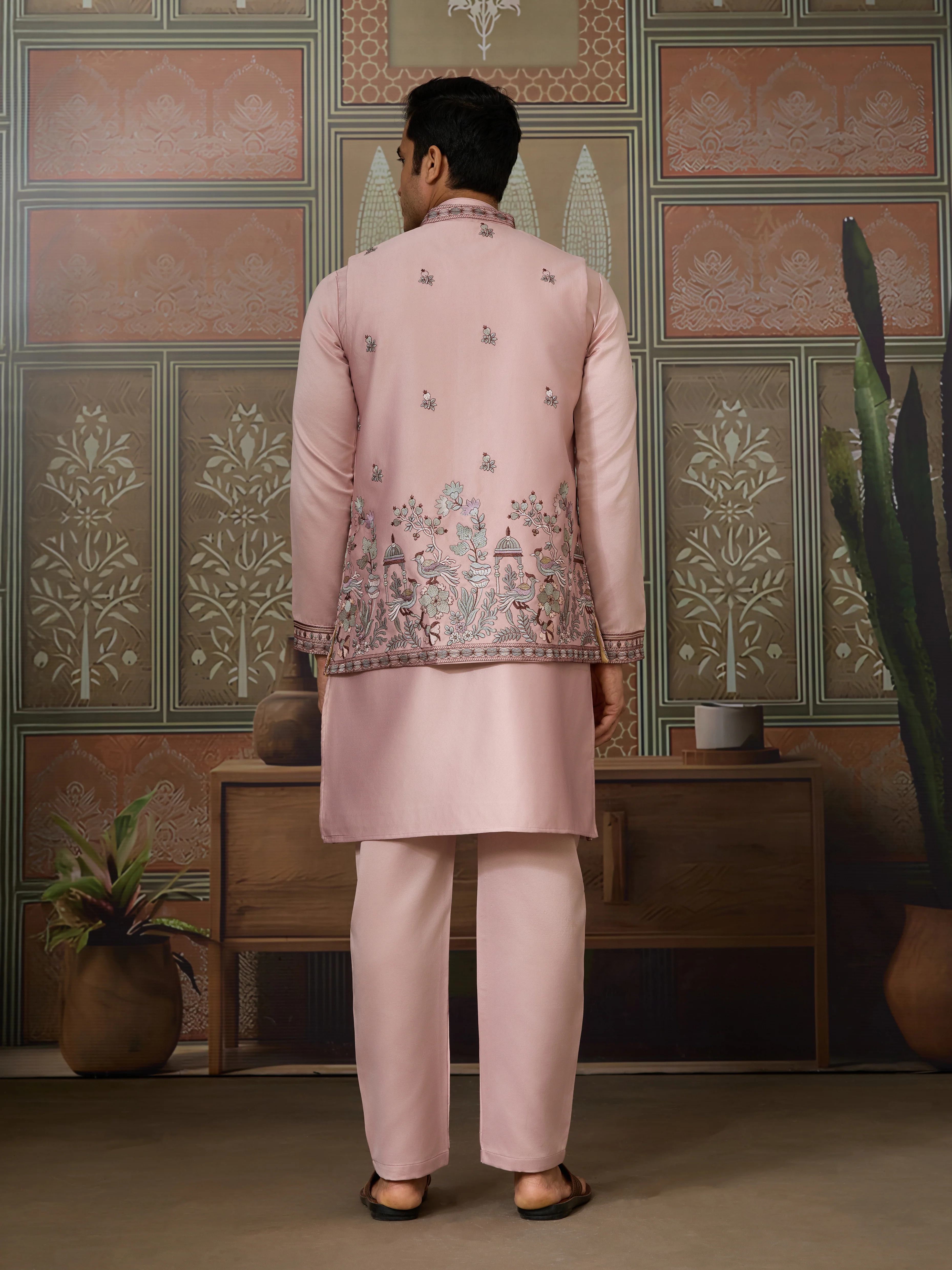 Pink Unique Color Embroidered Koti Kurta Pajama for Mens - Image 6