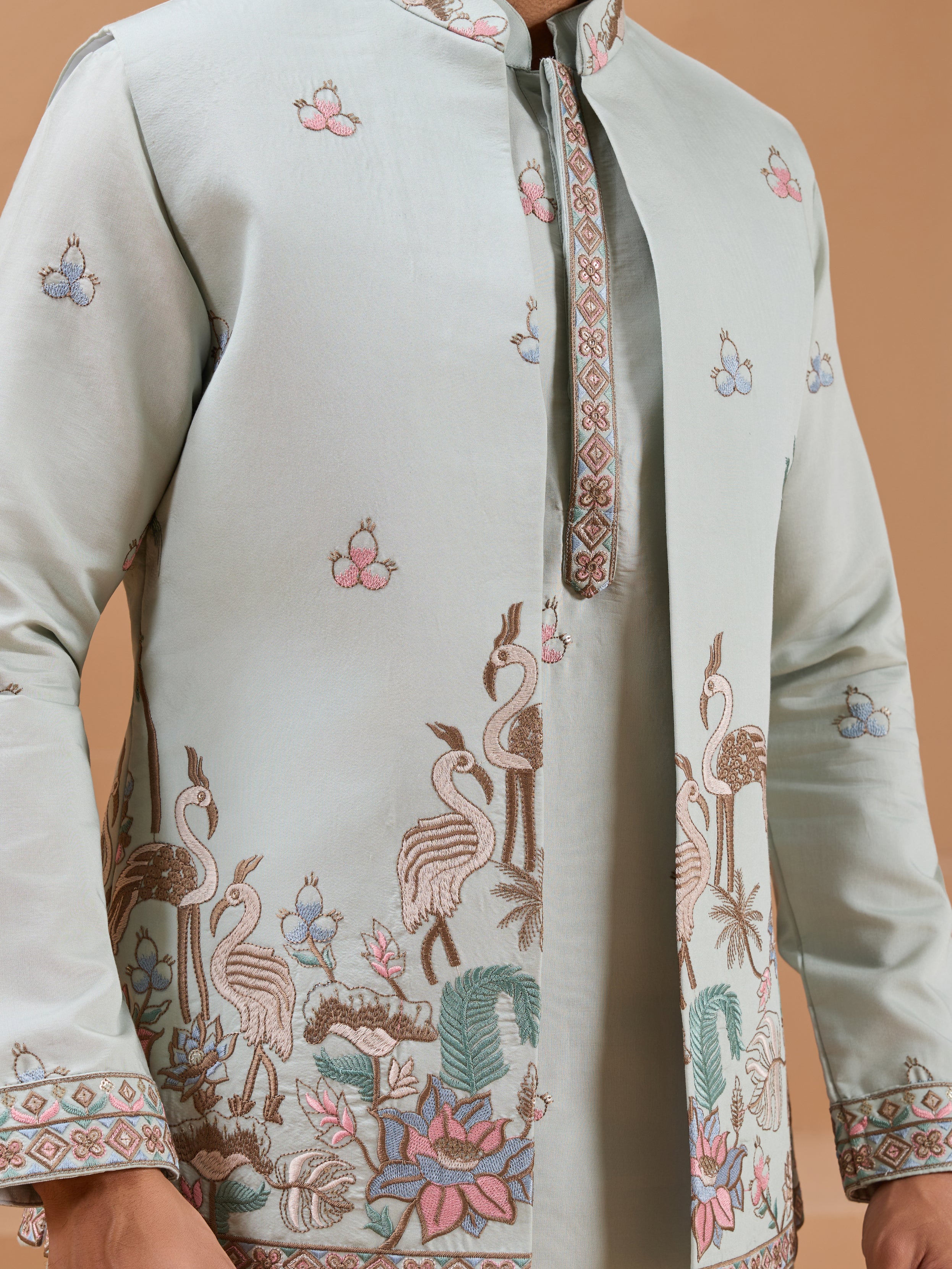 Pista Green Color Embroidered and Sequence Mens Kurta Jacket and Pant Set - Image 7