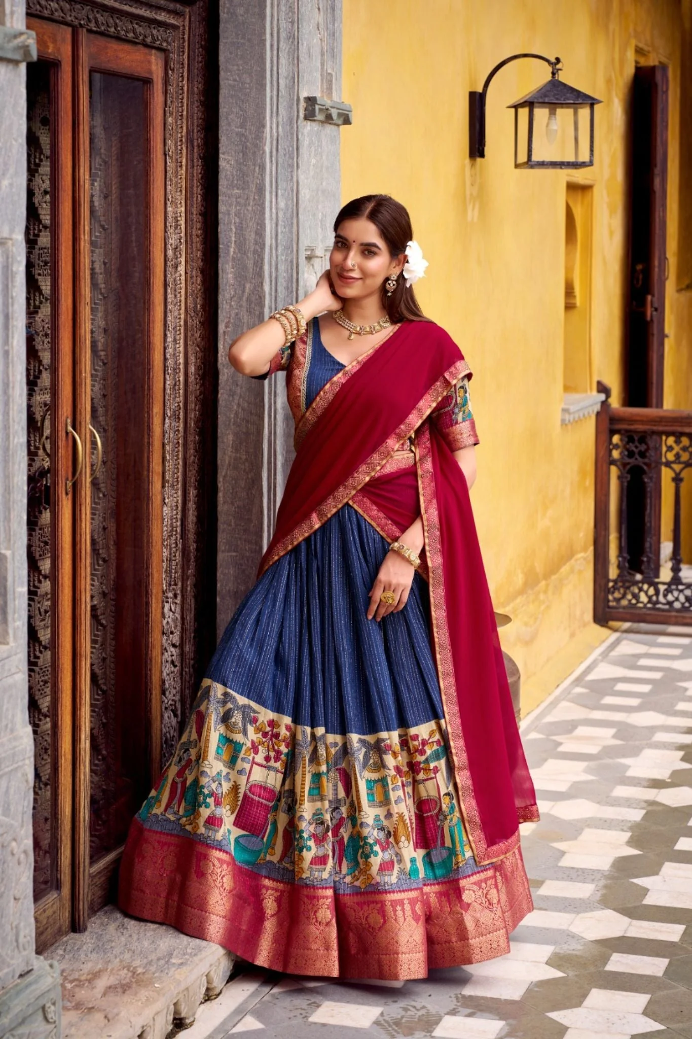 Poly Chanderi Kalamkari Printed Zari Weaving Work Premium Lehenga Choli - Image 10