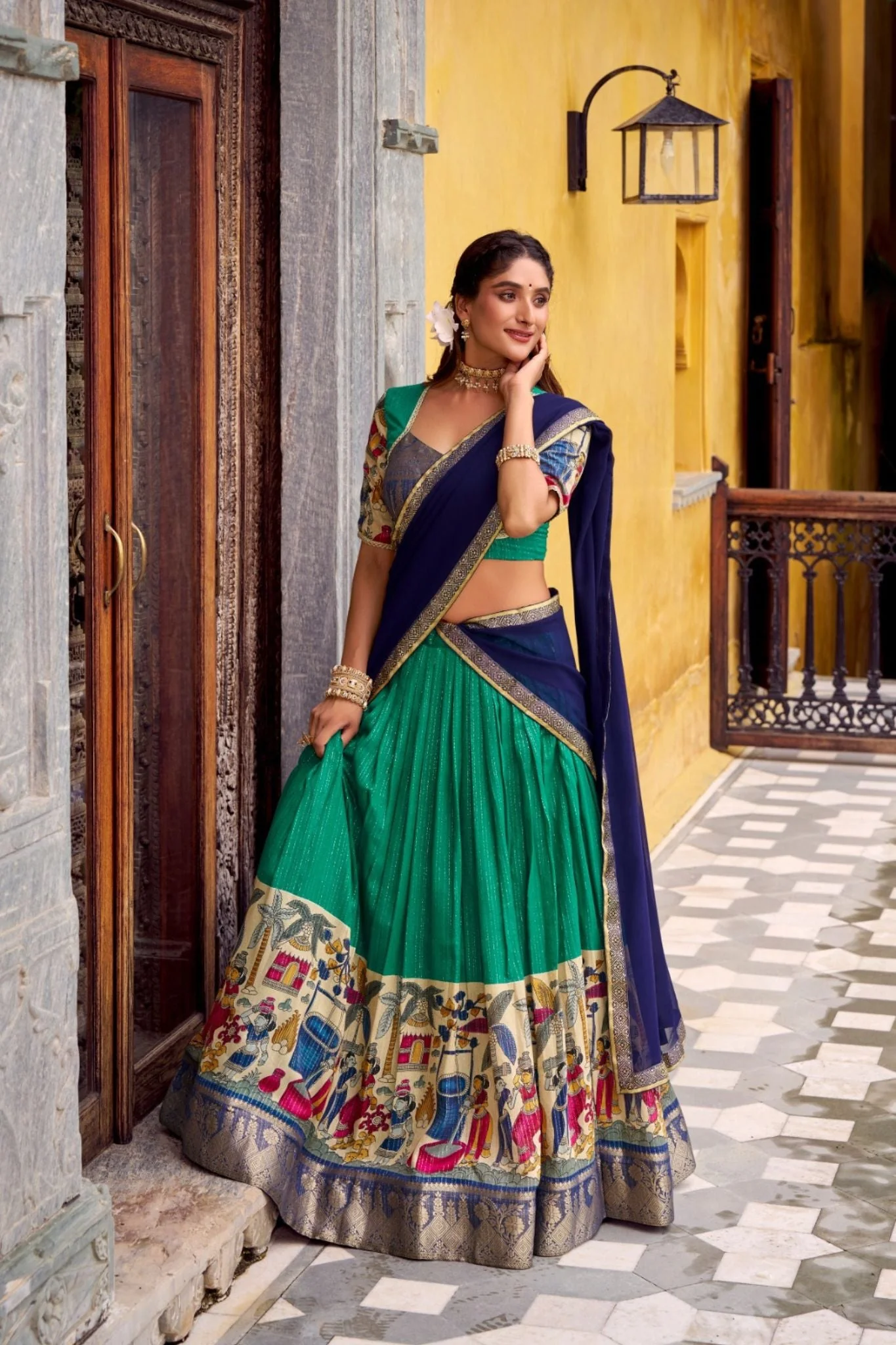 Poly Chanderi Kalamkari Printed Zari Weaving Work Premium Lehenga Choli - Image 14
