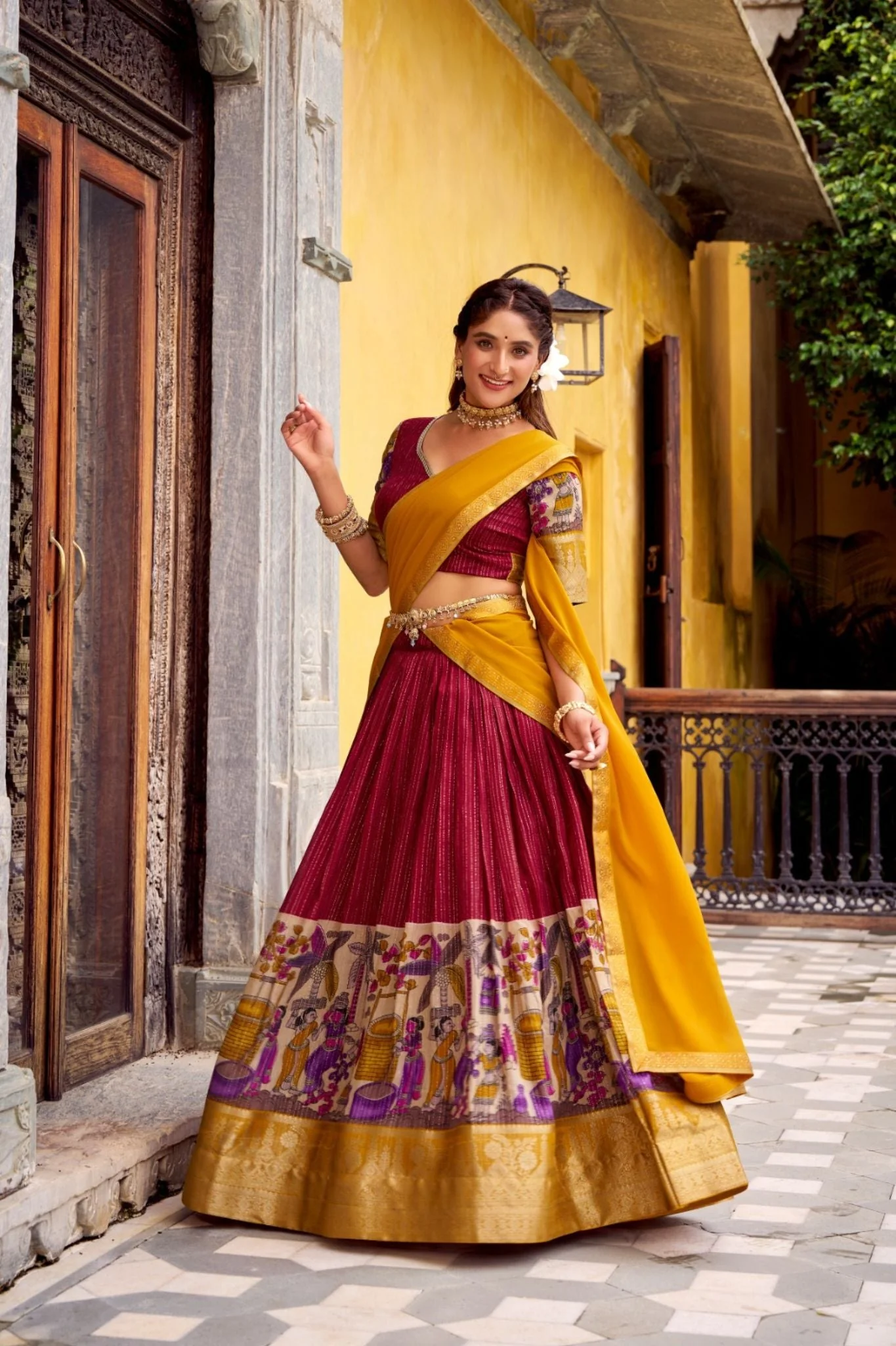 Poly Chanderi Kalamkari Printed Zari Weaving Work Premium Lehenga Choli - Image 2