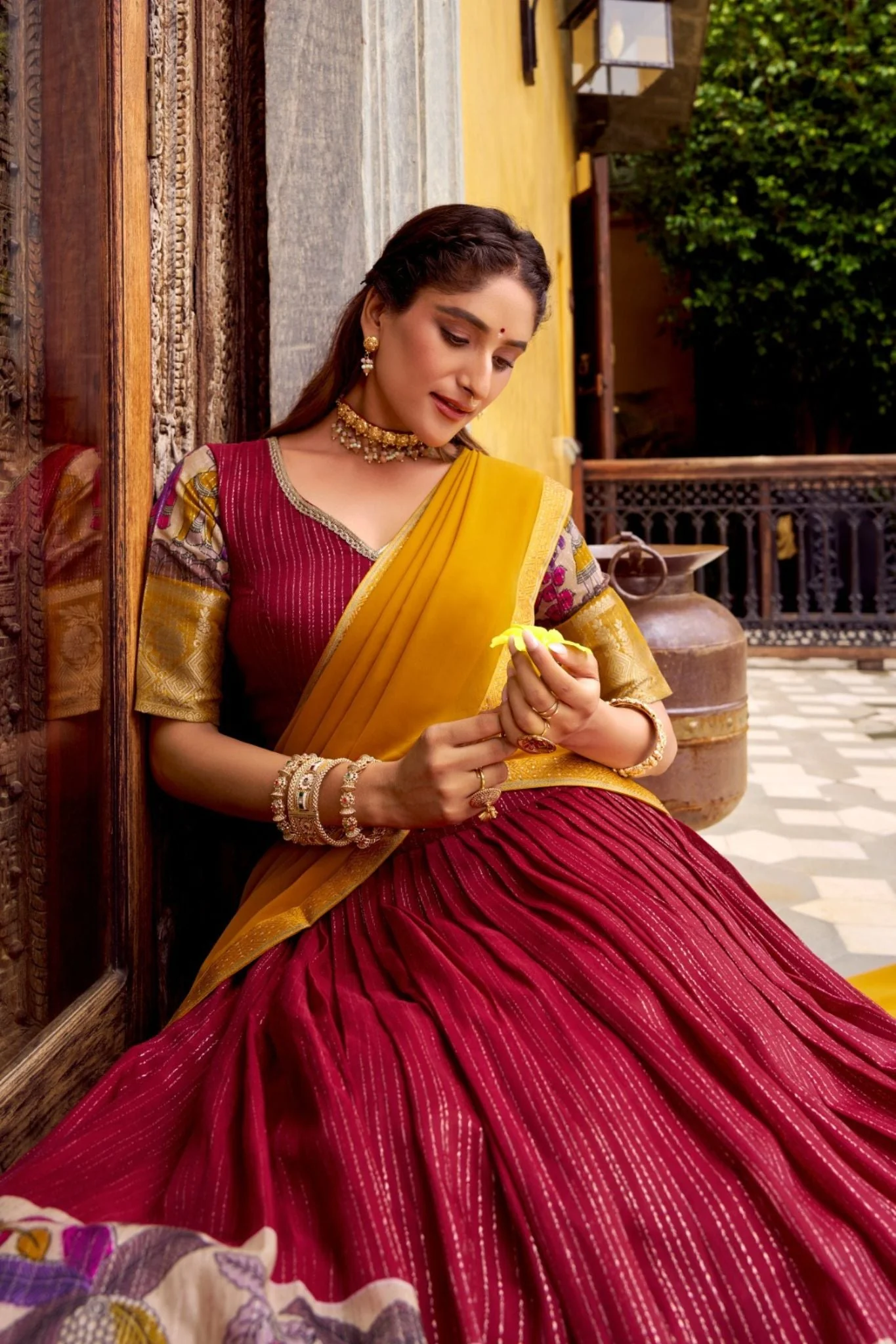Poly Chanderi Kalamkari Printed Zari Weaving Work Premium Lehenga Choli - Image 4