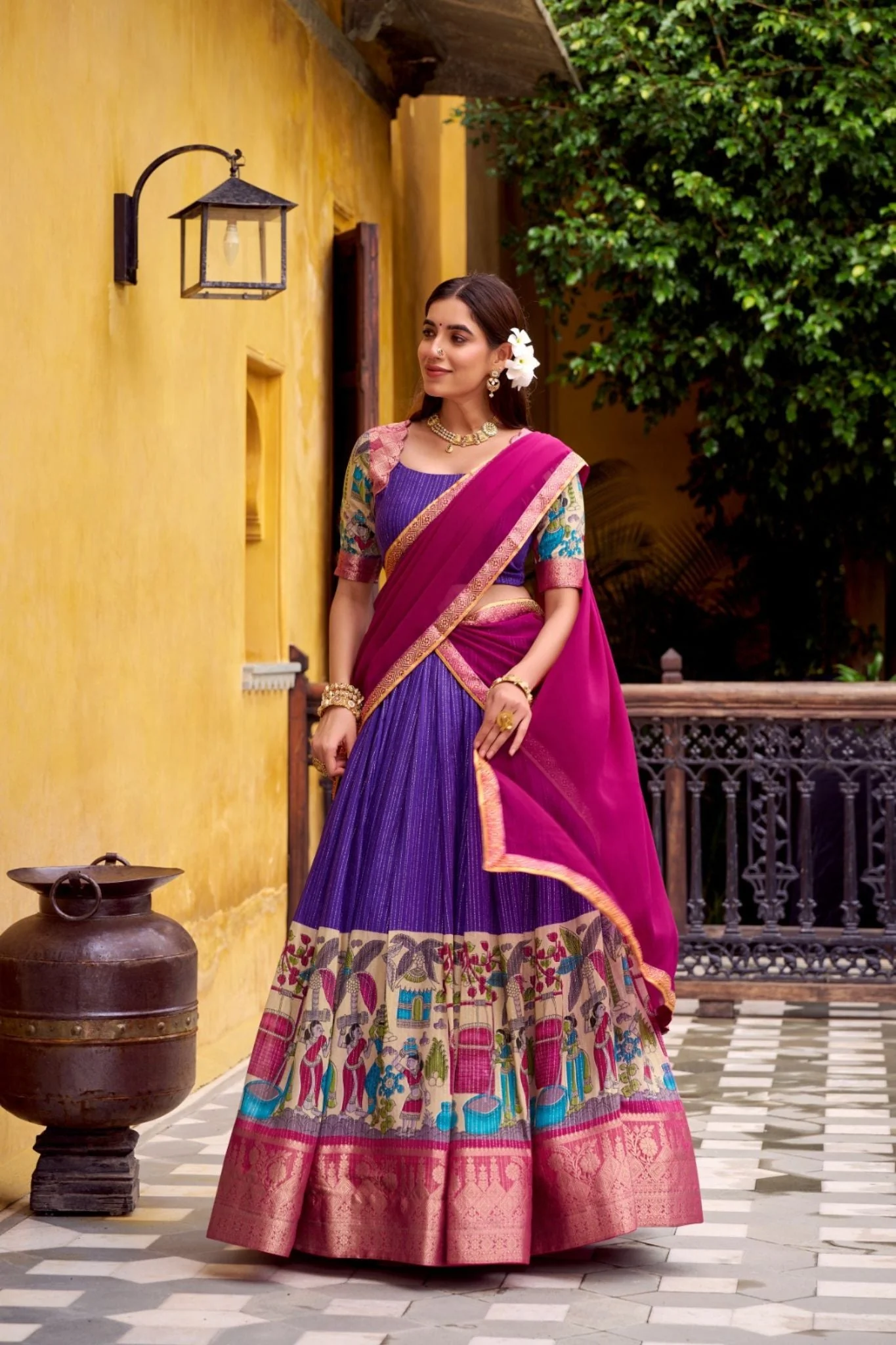 Poly Chanderi Kalamkari Printed Zari Weaving Work Premium Lehenga Choli - Image 5