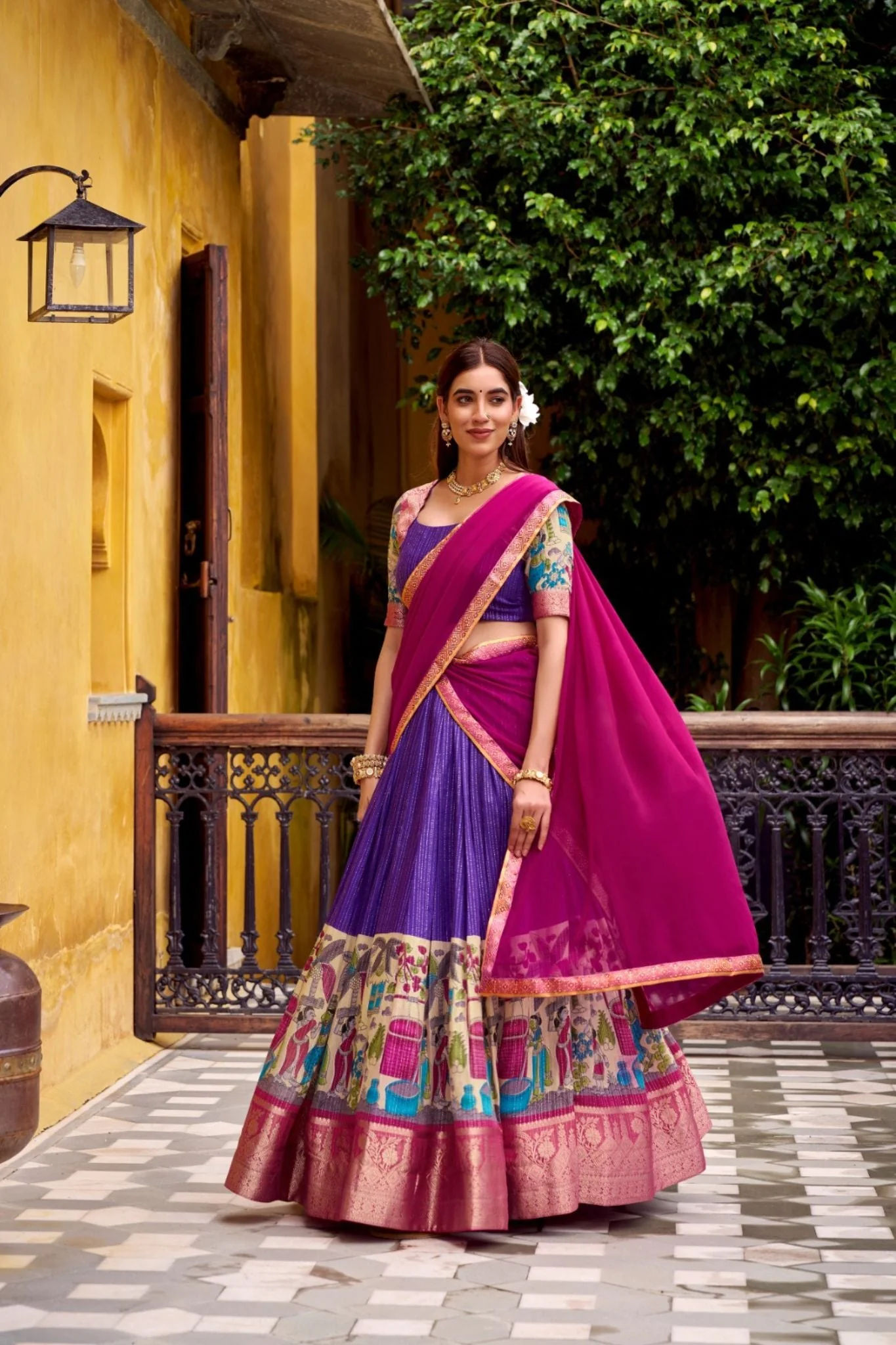 Poly Chanderi Kalamkari Printed Zari Weaving Work Premium Lehenga Choli - Image 6